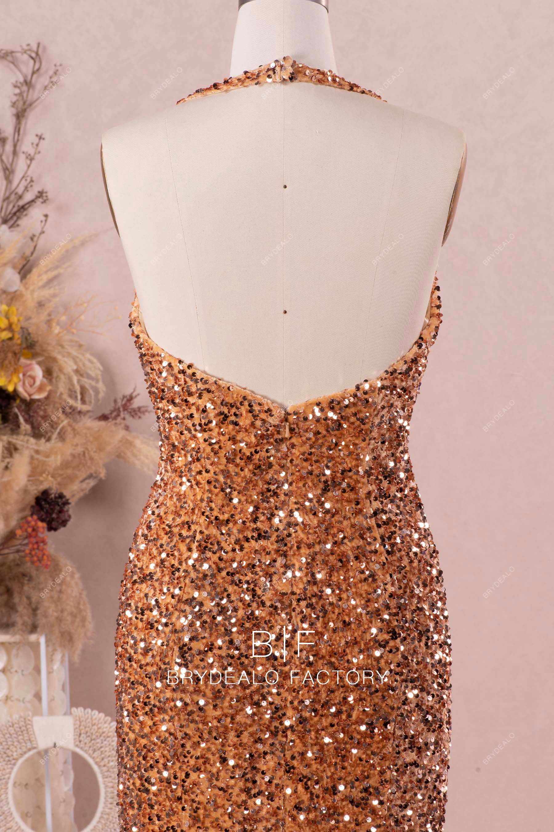 halter open back sequin prom dress