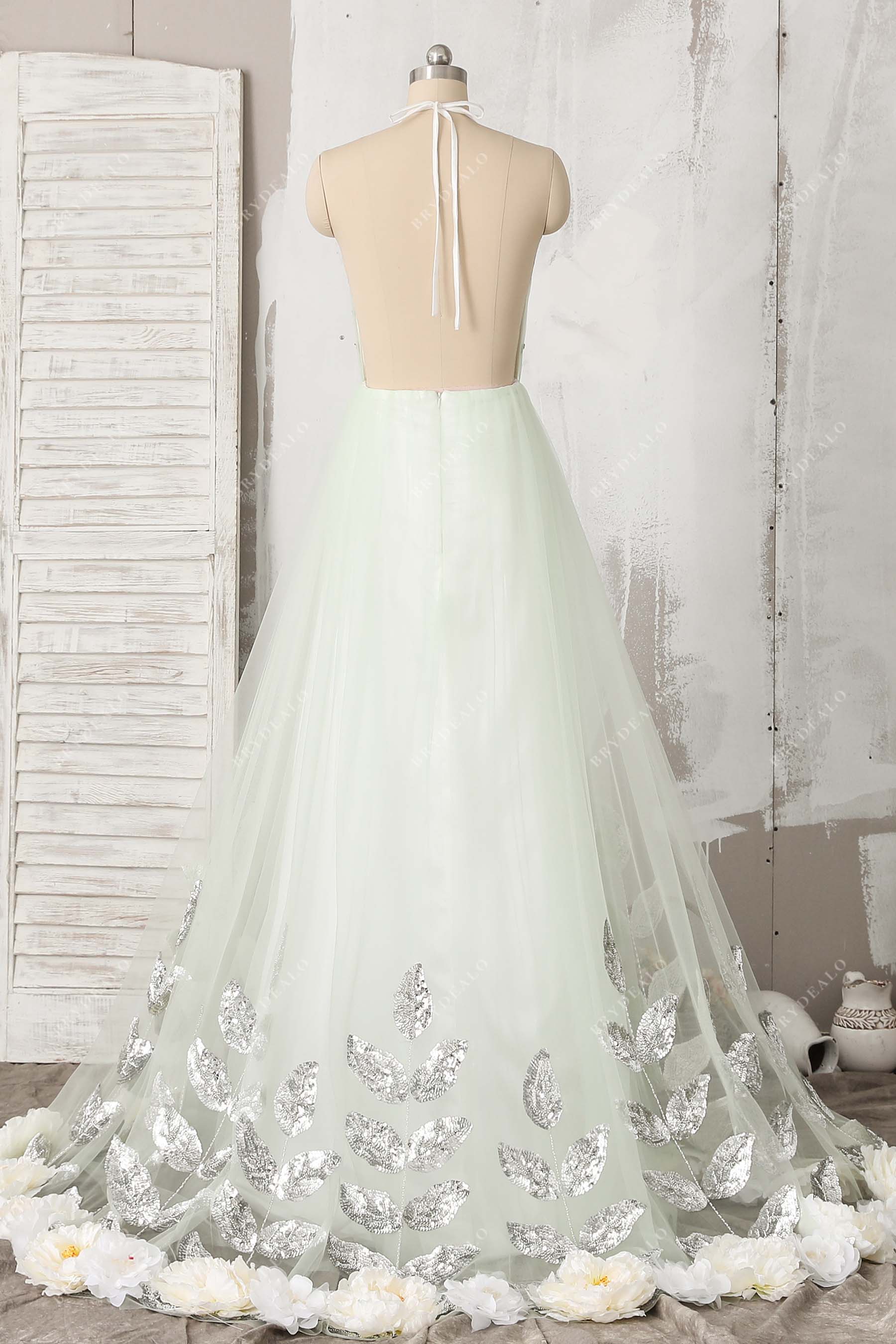 halter open back tulle A-line prom gown