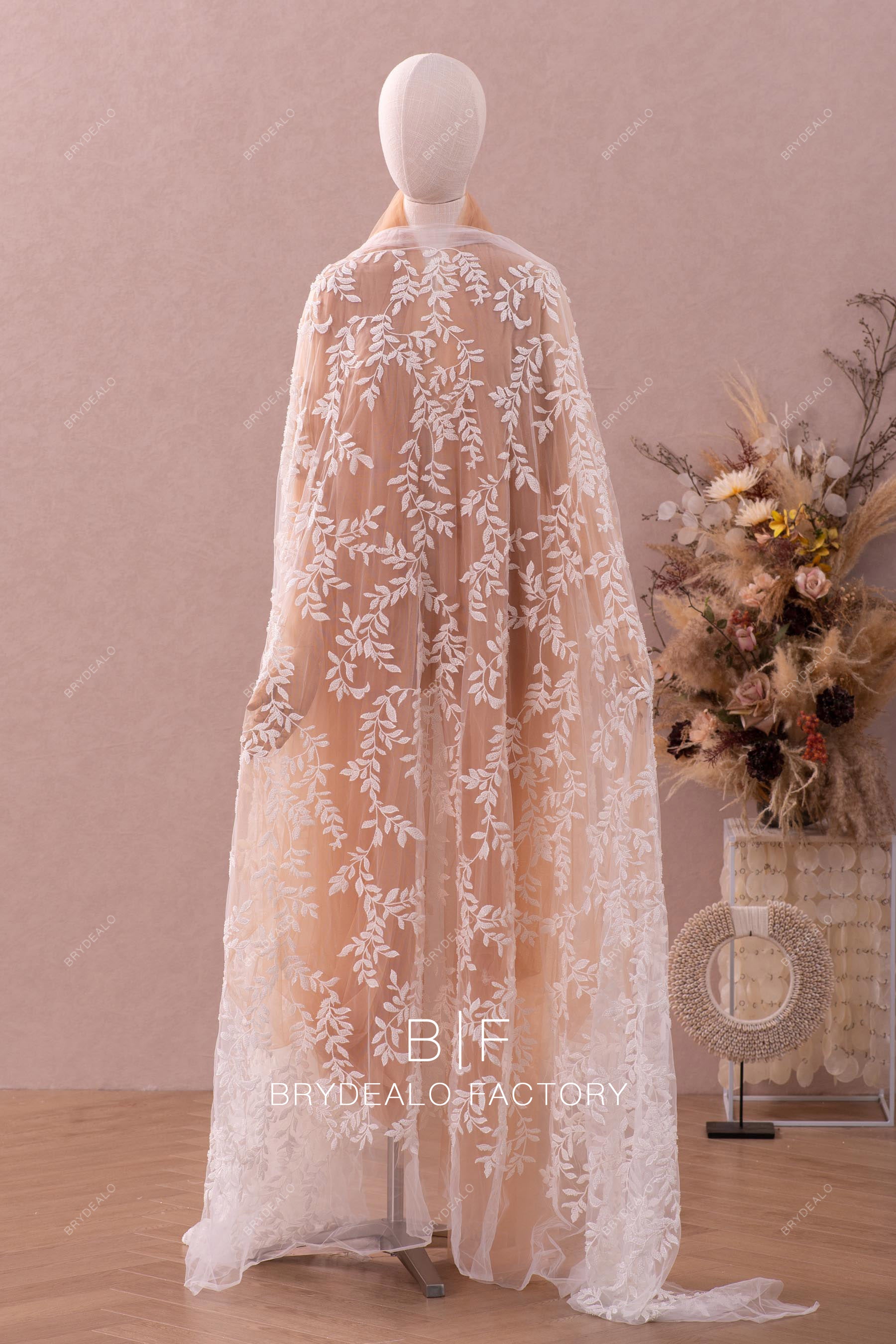 heavy beaded leaf lace fabric