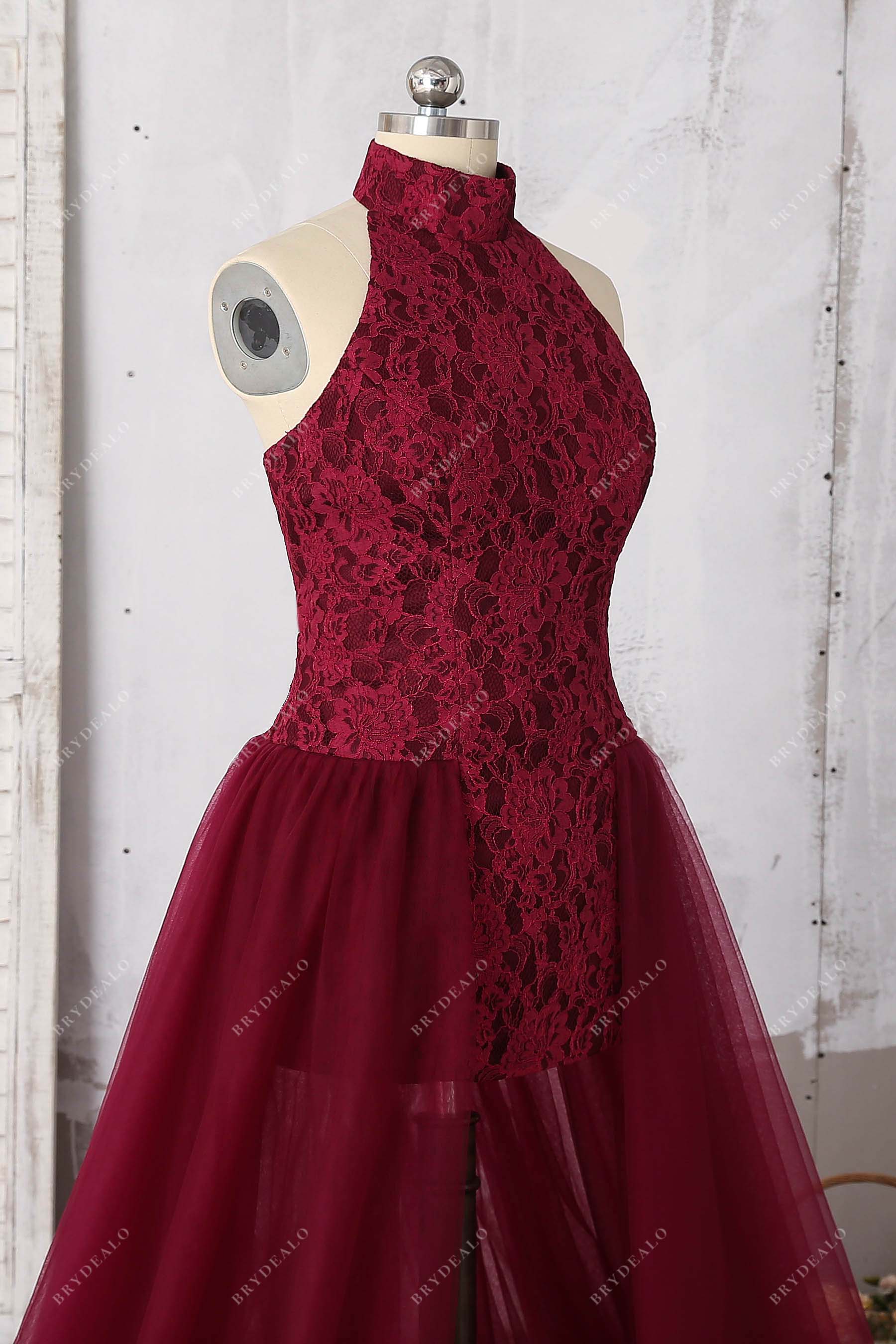 high neck lace burgundy prom gown