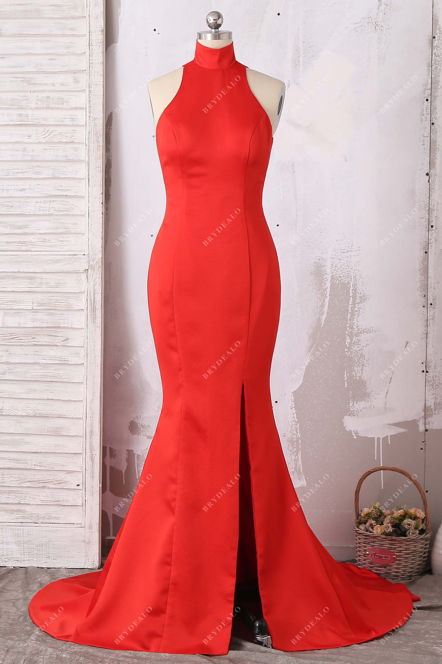 high neck mermaid red satin slit evening dress