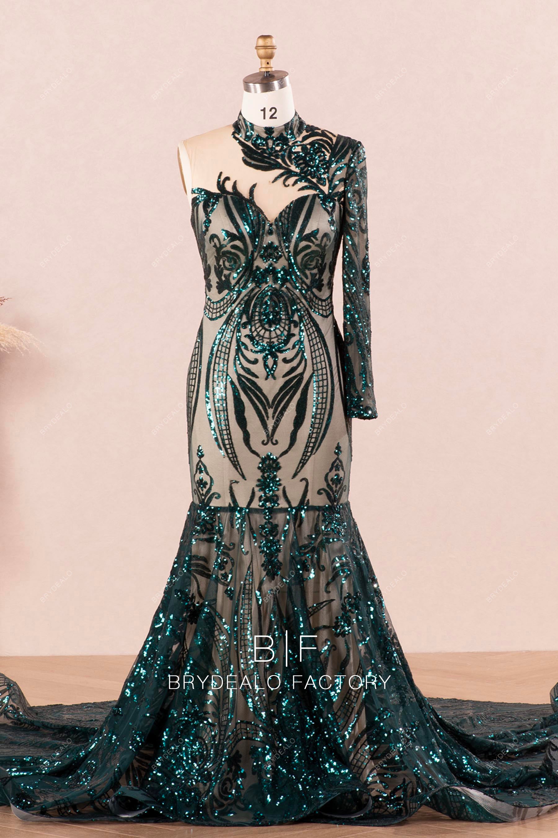 high neck one sleeve sequin mermaid prom dress