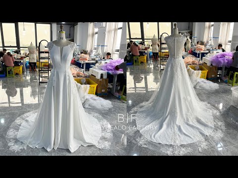 wholesale cap sleeve lace crepe wedding dress with overskirt