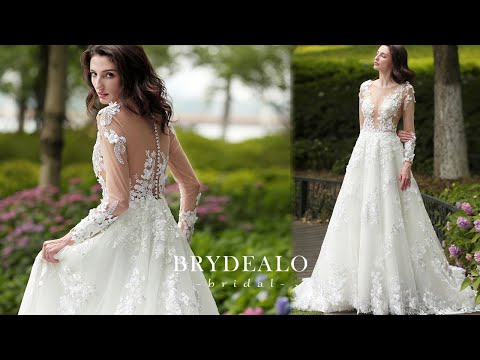 Illusion Long Sleeve Flower Wedding Dress for Wholesale
