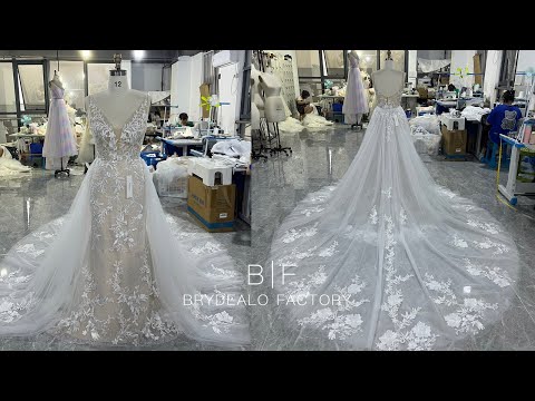 Wholesale Beaded Plunge Neck Lace Mermaid Overskirt Wedding Gown