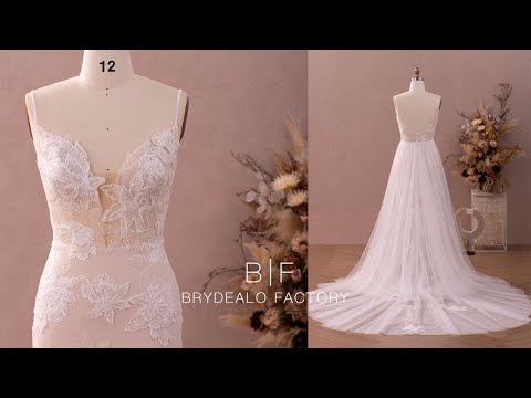 wholesale beaded straps plunging lace mermaid bridal gown with overskirt
