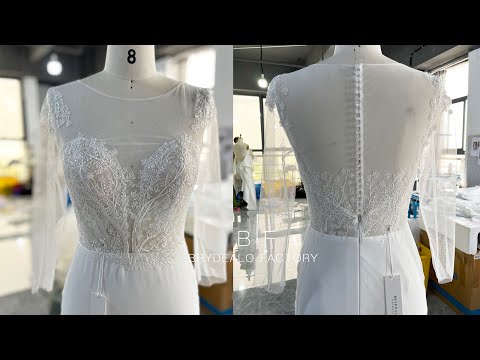wholesale shimmery lace sleeved crepe fit flare wedding dress