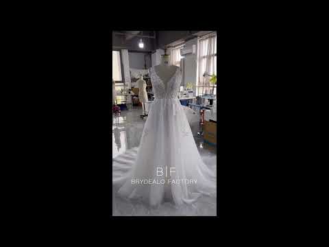 Plunging Neck Leaf Lace Tulle Wholesale Wedding Ball Gown for wholesale