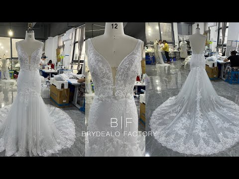 Private Label Straps Plunging Flower Lace Mermaid Wedding Dress