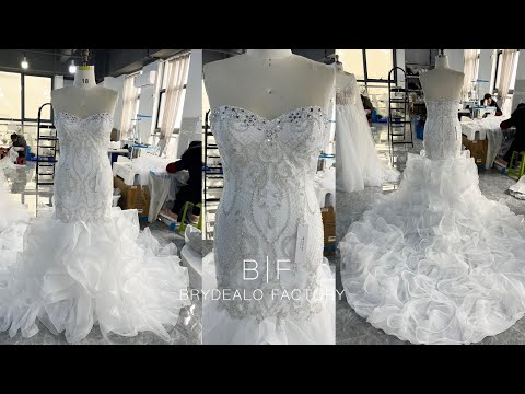 wholesale sparkly lace ruffled organza trumpet wedding gown