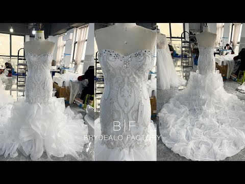 wholesale sparkly lace ruffled organza trumpet wedding gown 