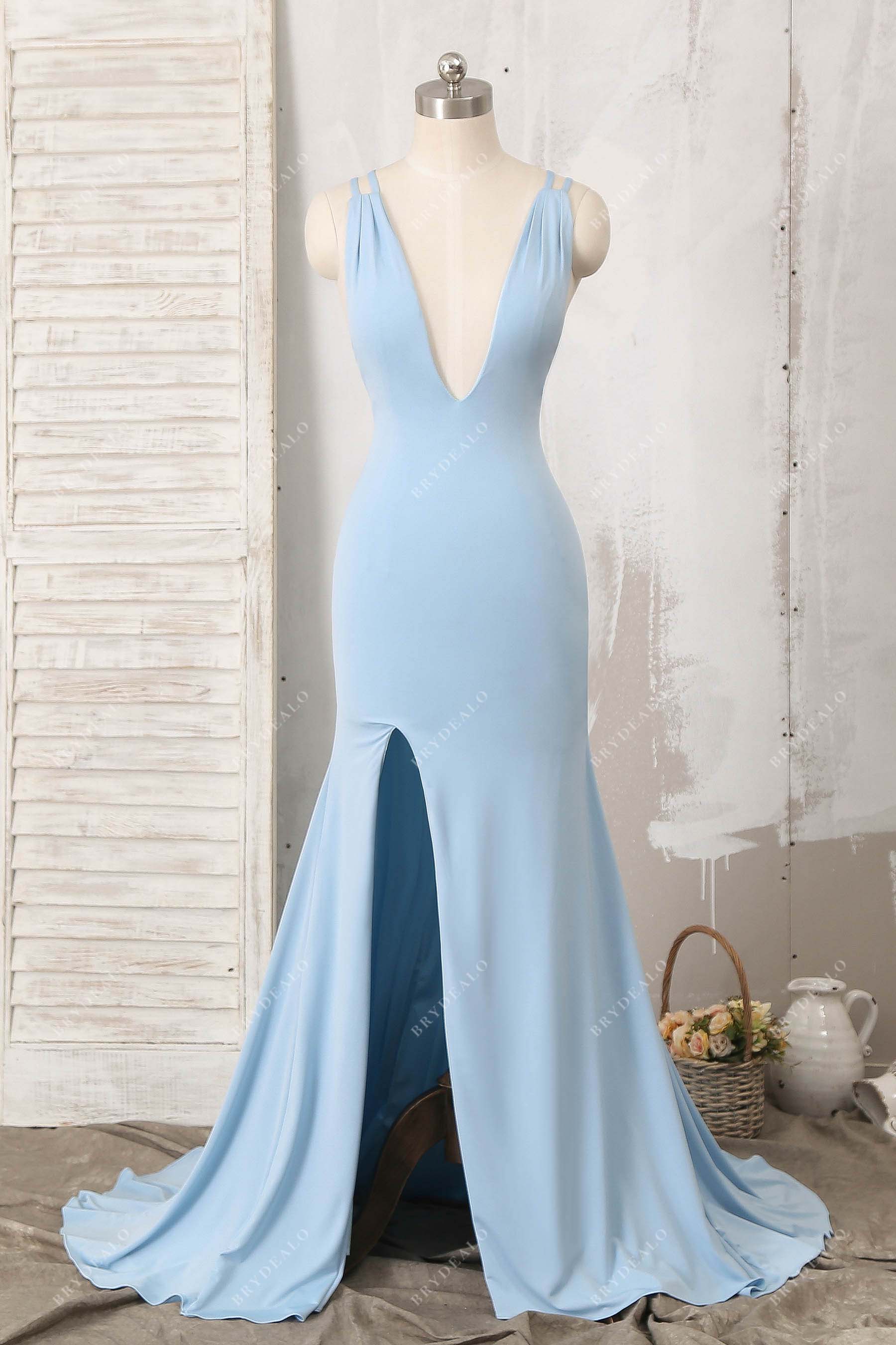 open lace back dress Ice Blue Jersey Plunging Slit Mermaid Prom Dress