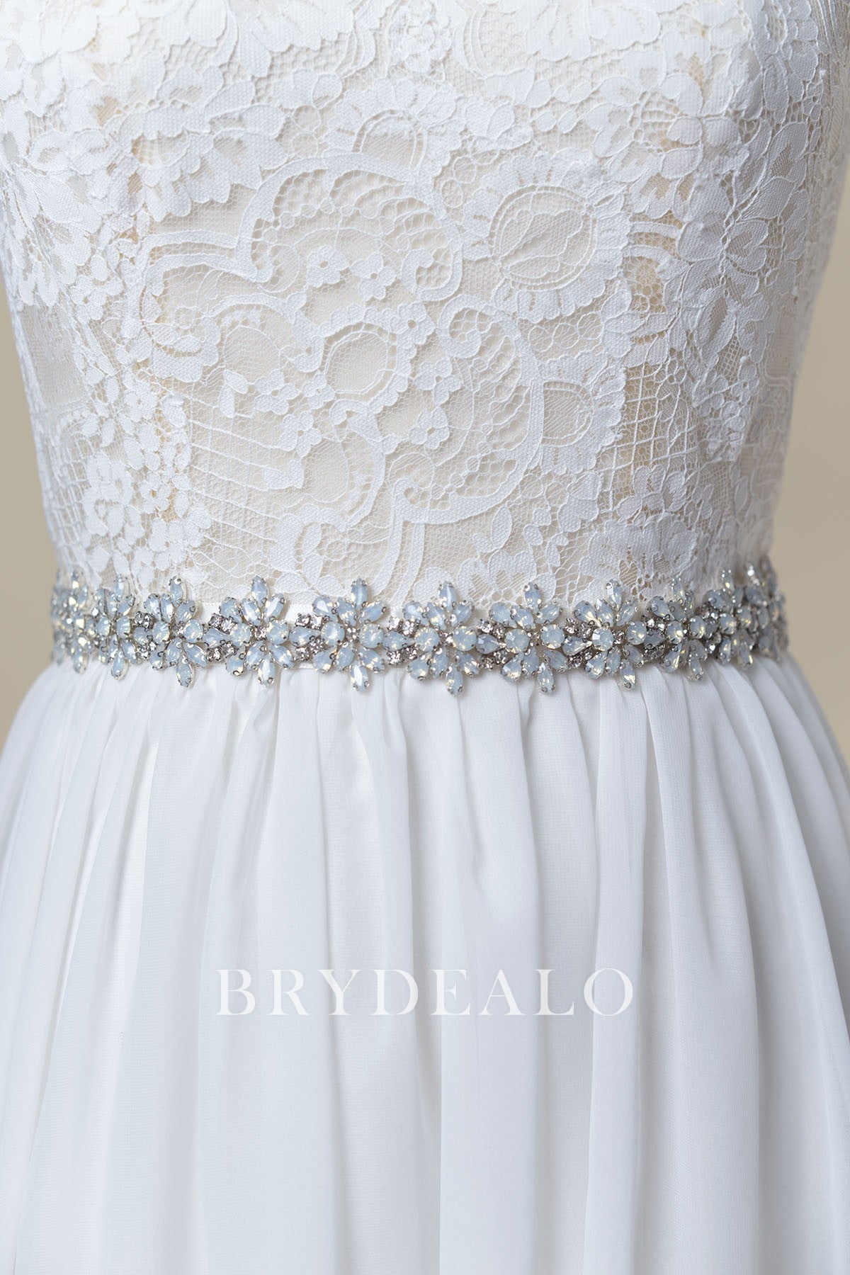 Ice Blue Rhinestones Ivory Satin Bridal Sash