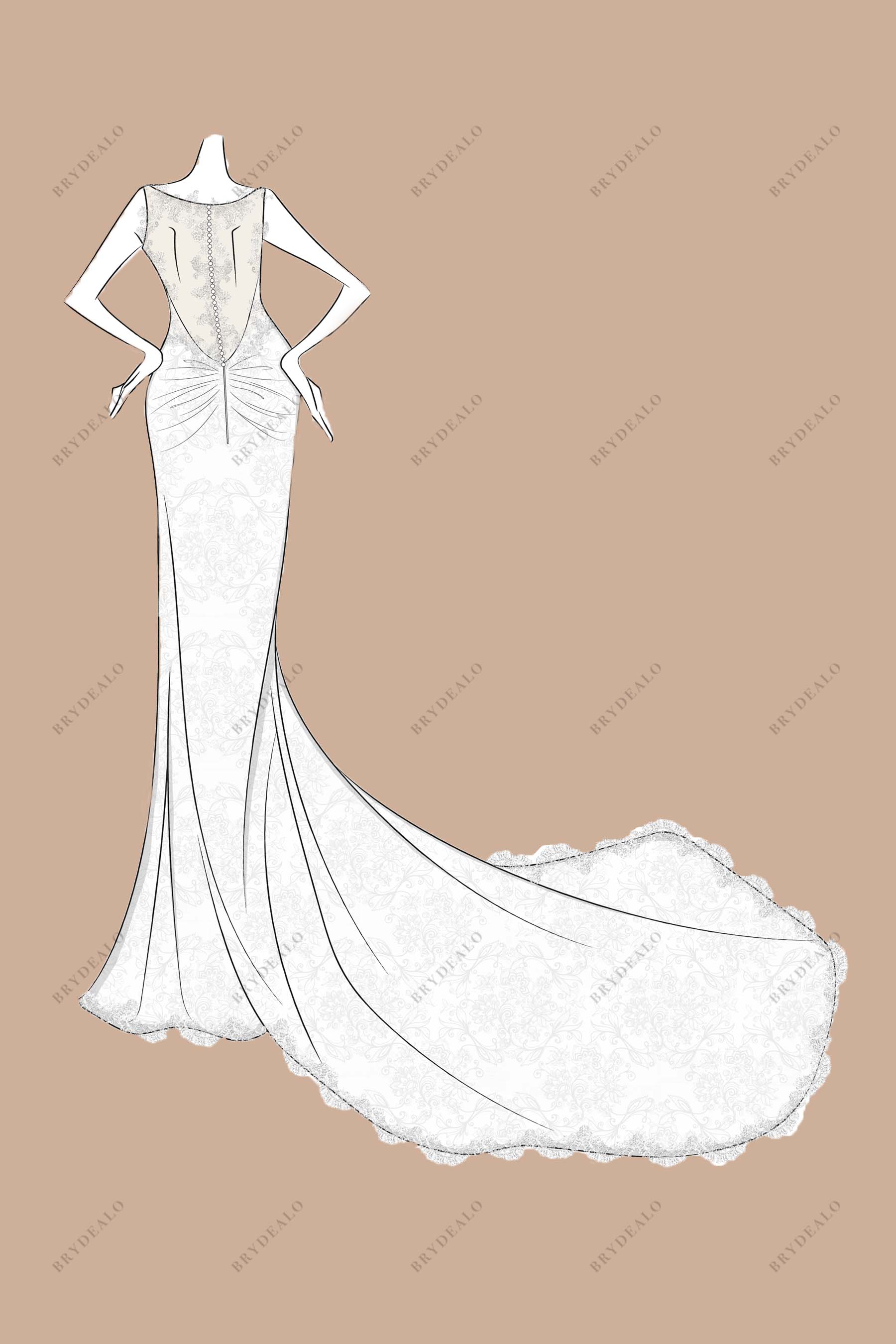 illusion low back pleated hips chapel train bridal dress sketch