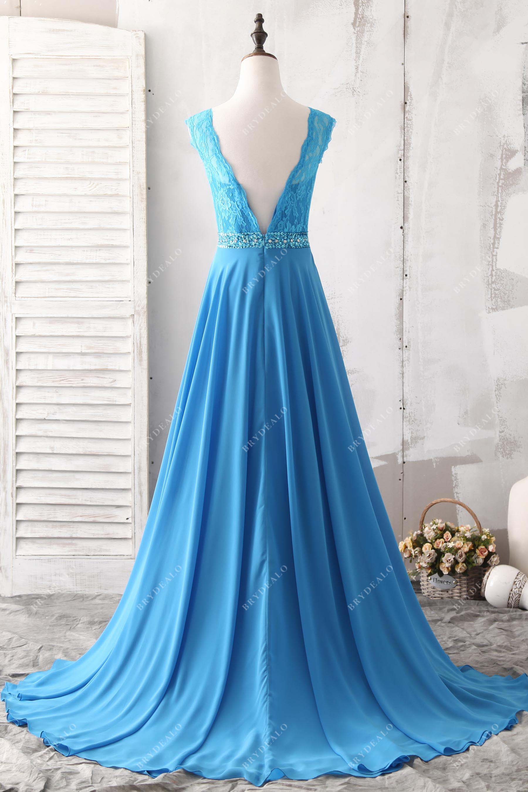 illusion V-back chiffon lace prom gown