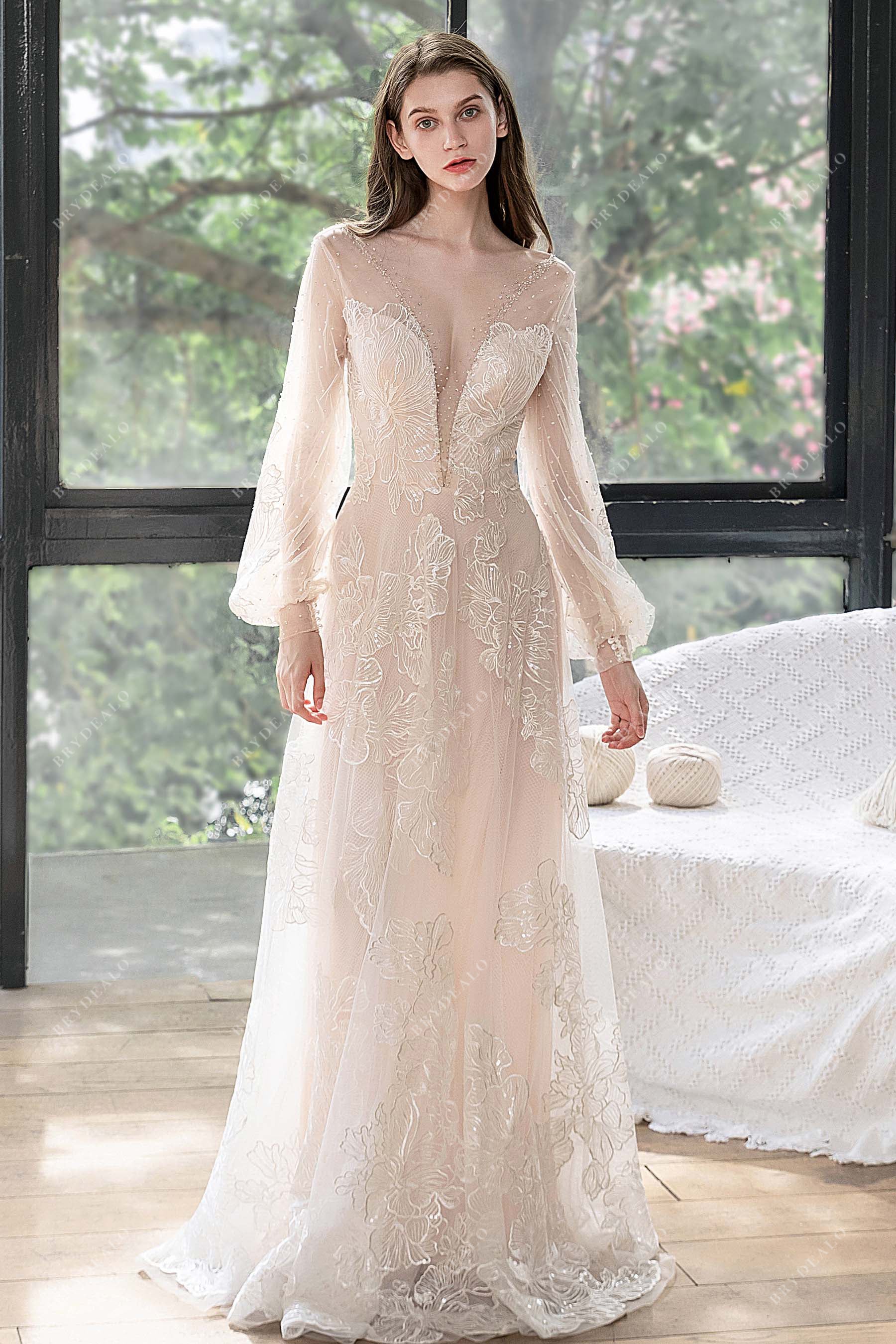 Beaded Plunging Bishop Sleeve Beach Bridal Dress Light Ivory Beaded Plunging Bishop Sleeve Beach Bridal Dress Light Ivory