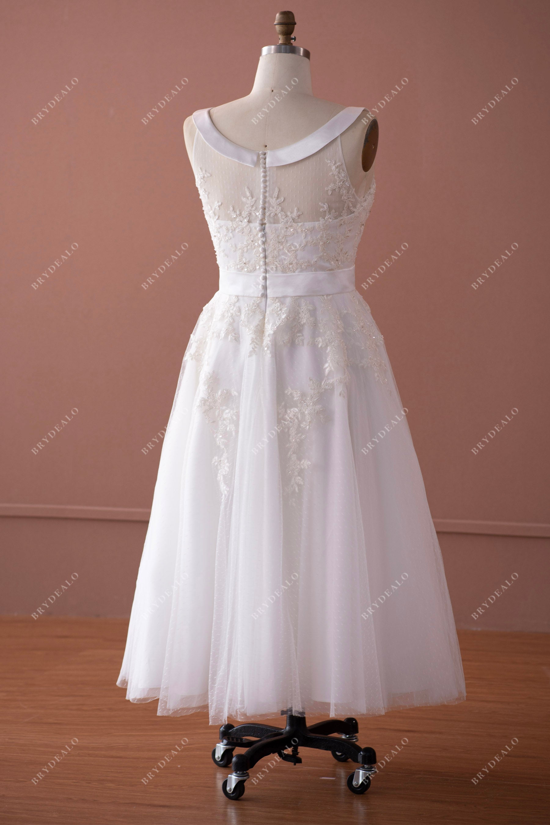 illusion back beaded lace tulle tea length wedding dress