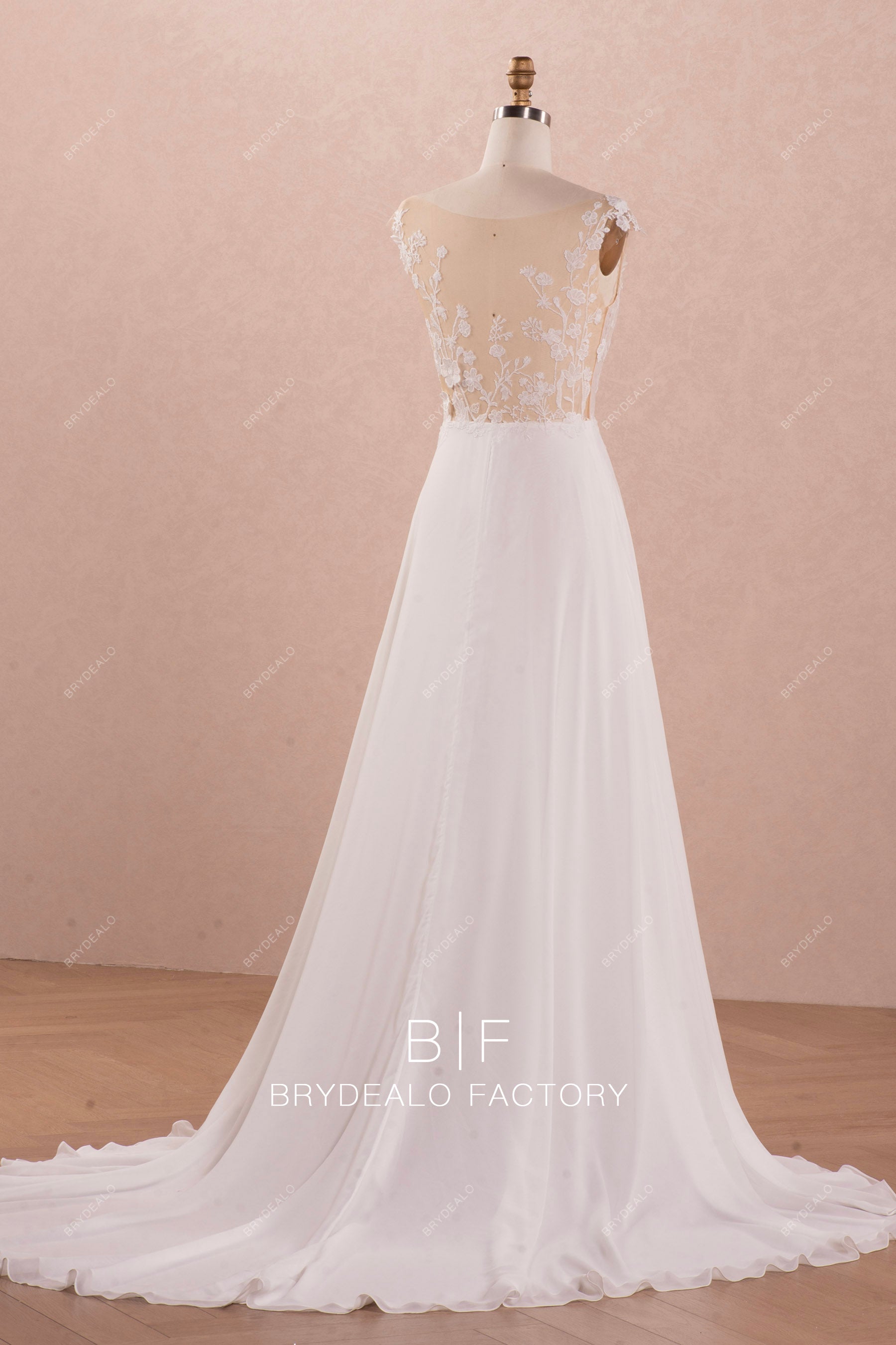 illusion back long chiffon A-line wedding dress
