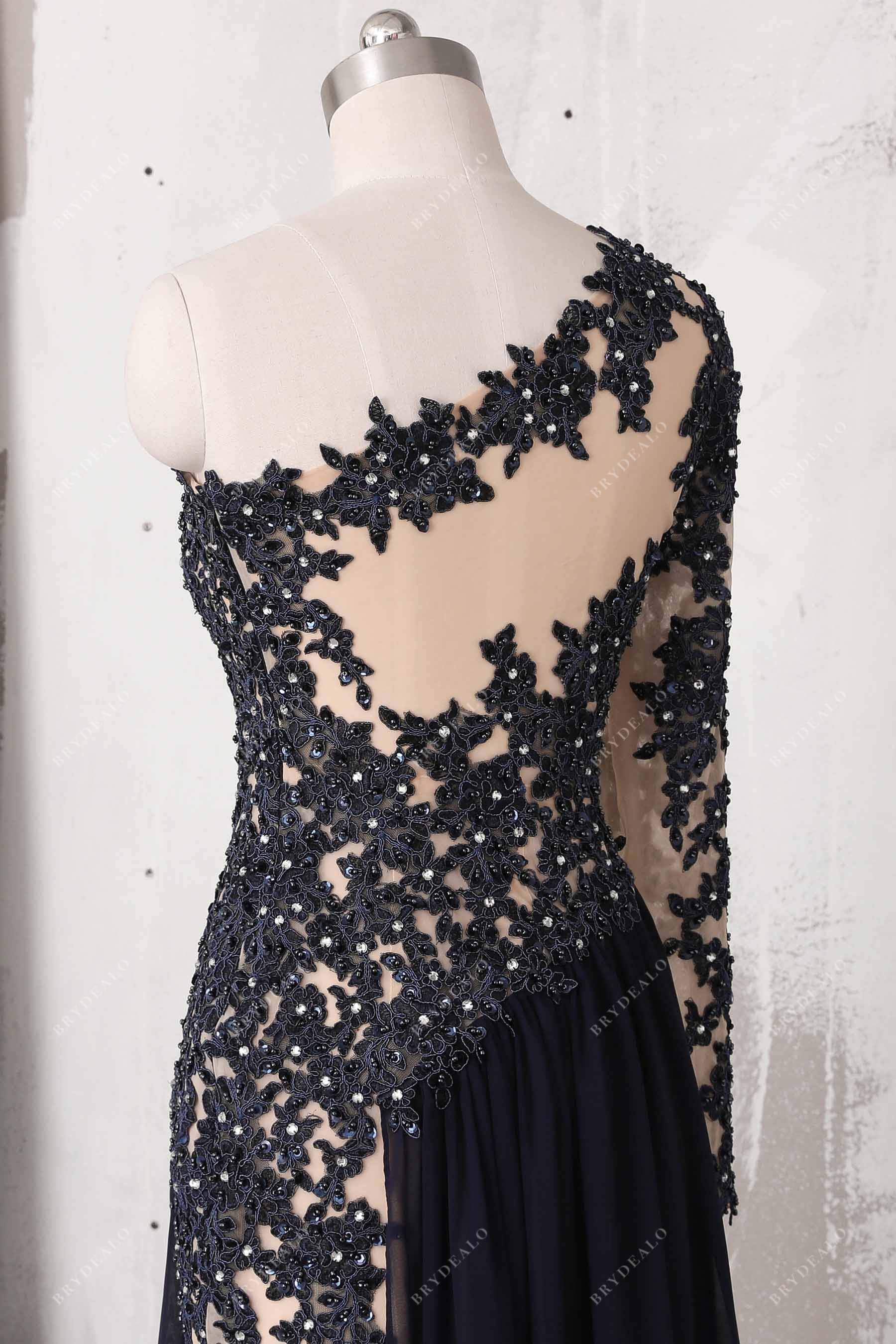 illusion back one sleeve prom gown
