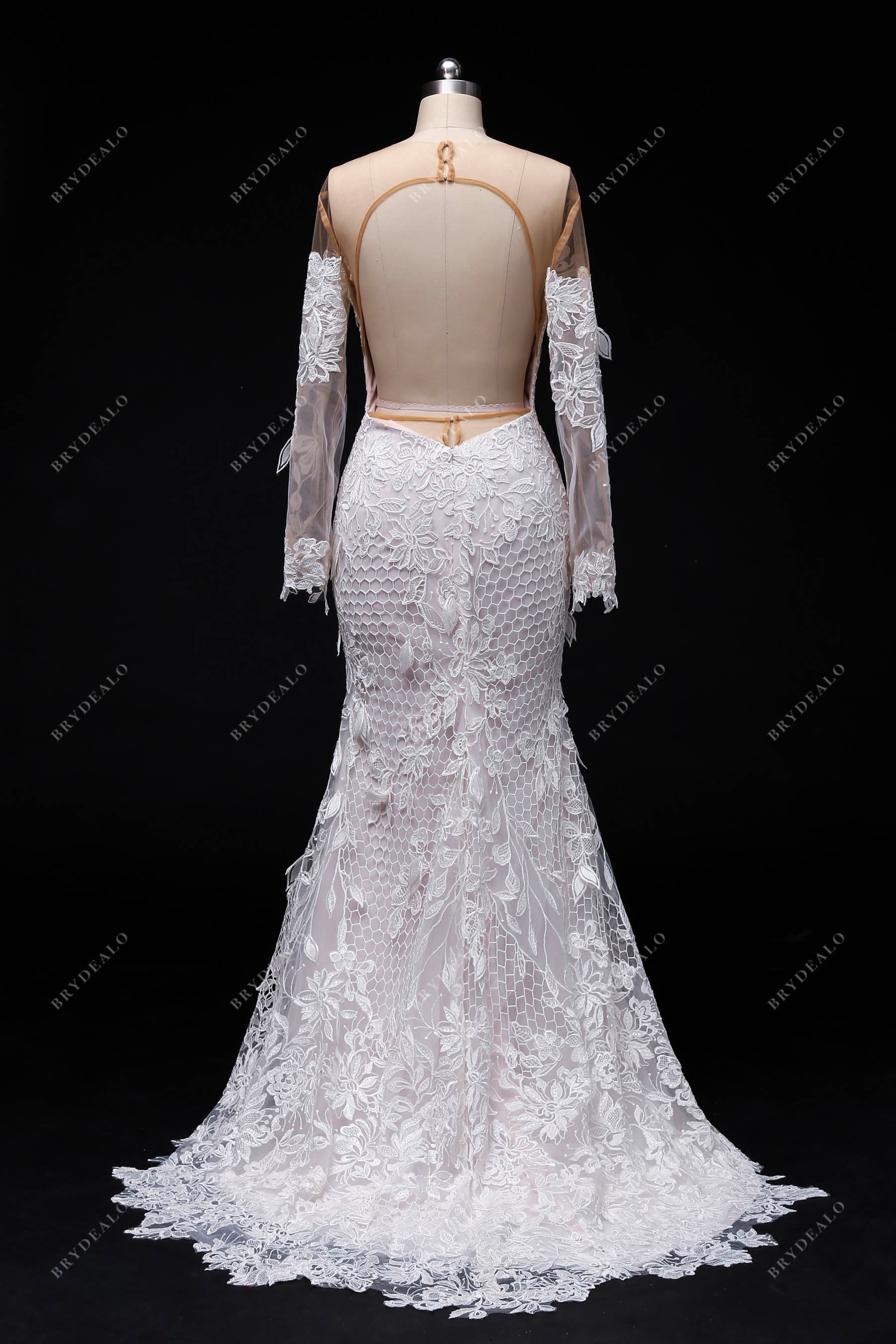 illusion back small train lace wedding dress