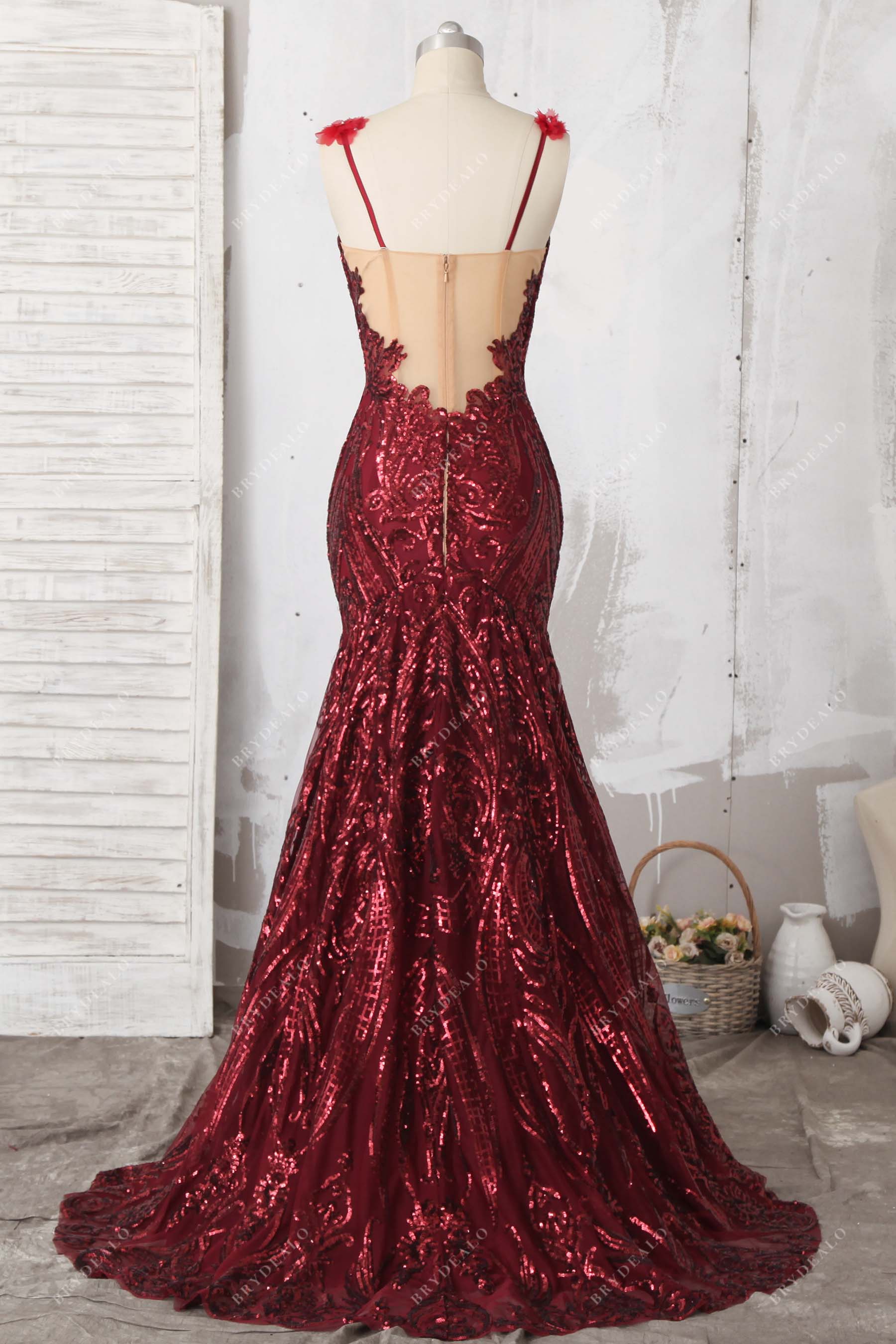 illusion back spaghetti straps sequin mermaid dress