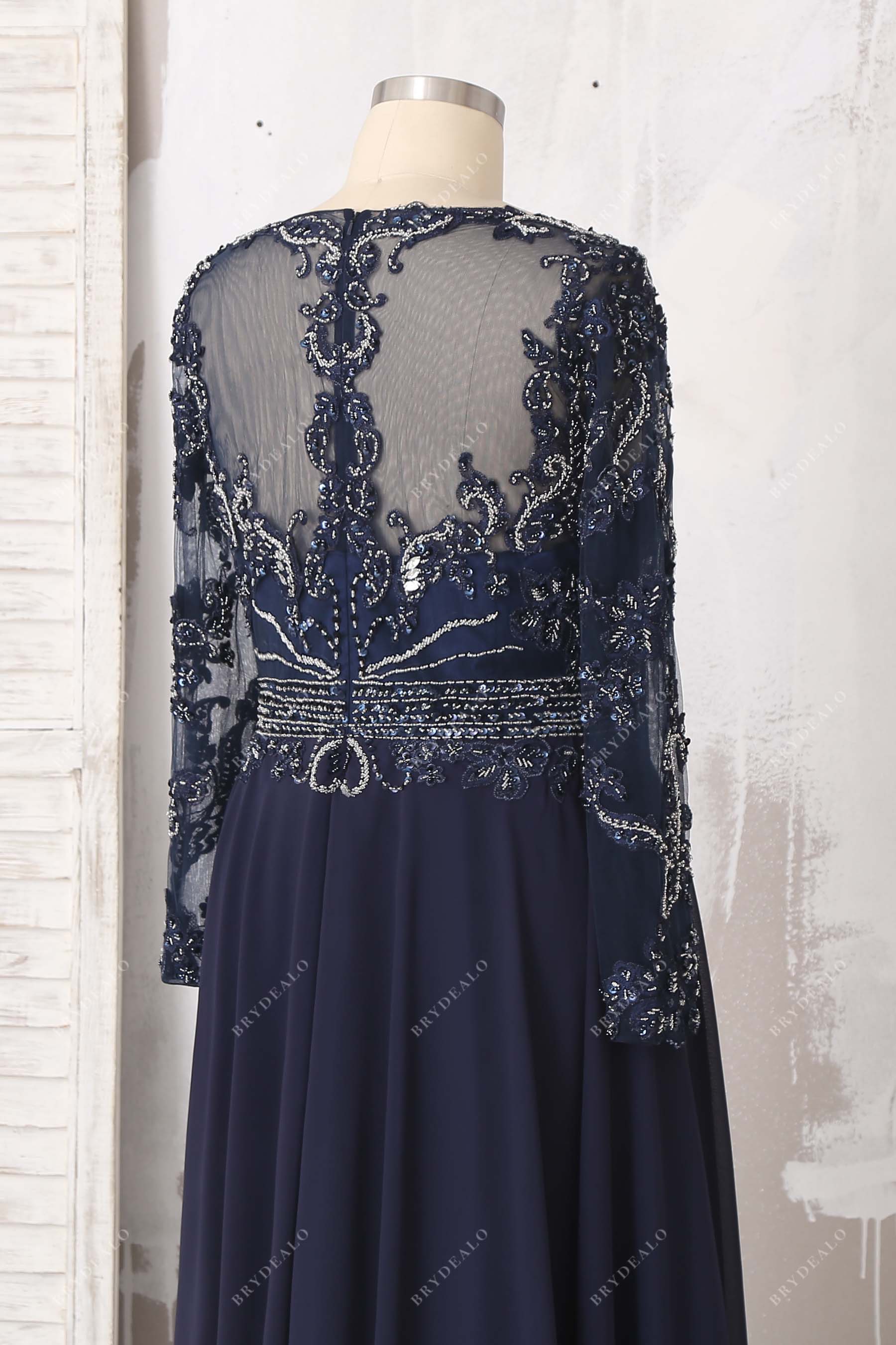 illusion beaded back long sleeve gown
