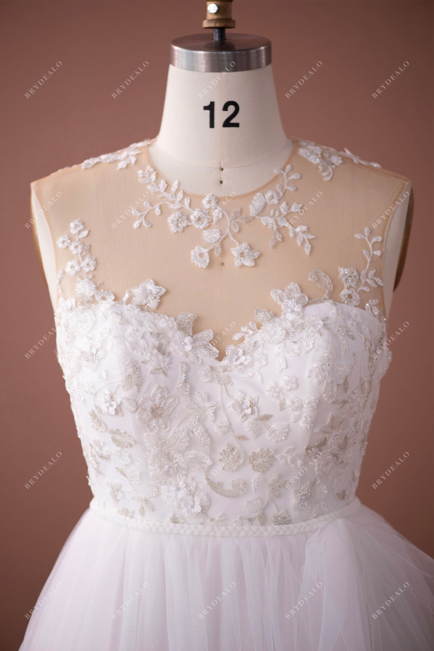 illusion beaded flower lace wedding dress