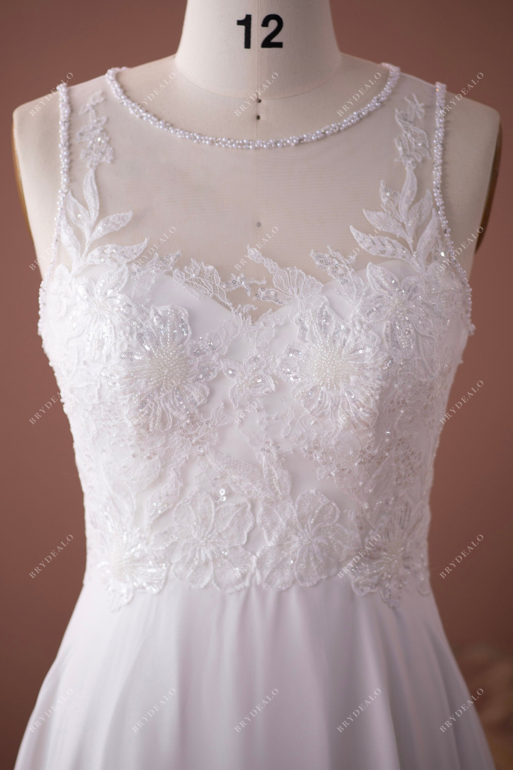 illusion beaded neck lace wedding dress