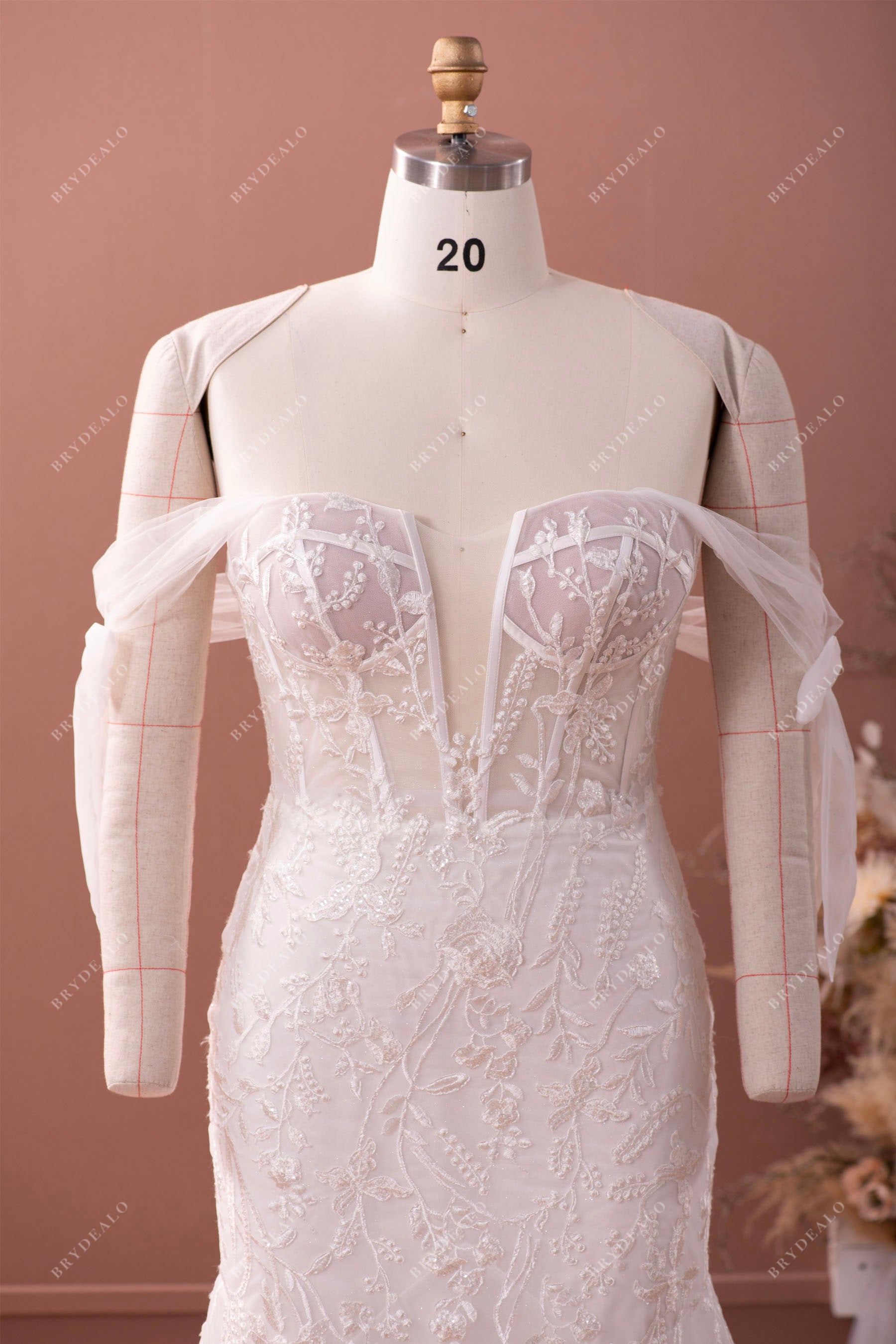 plunging neck off shoulder corset bridal gown