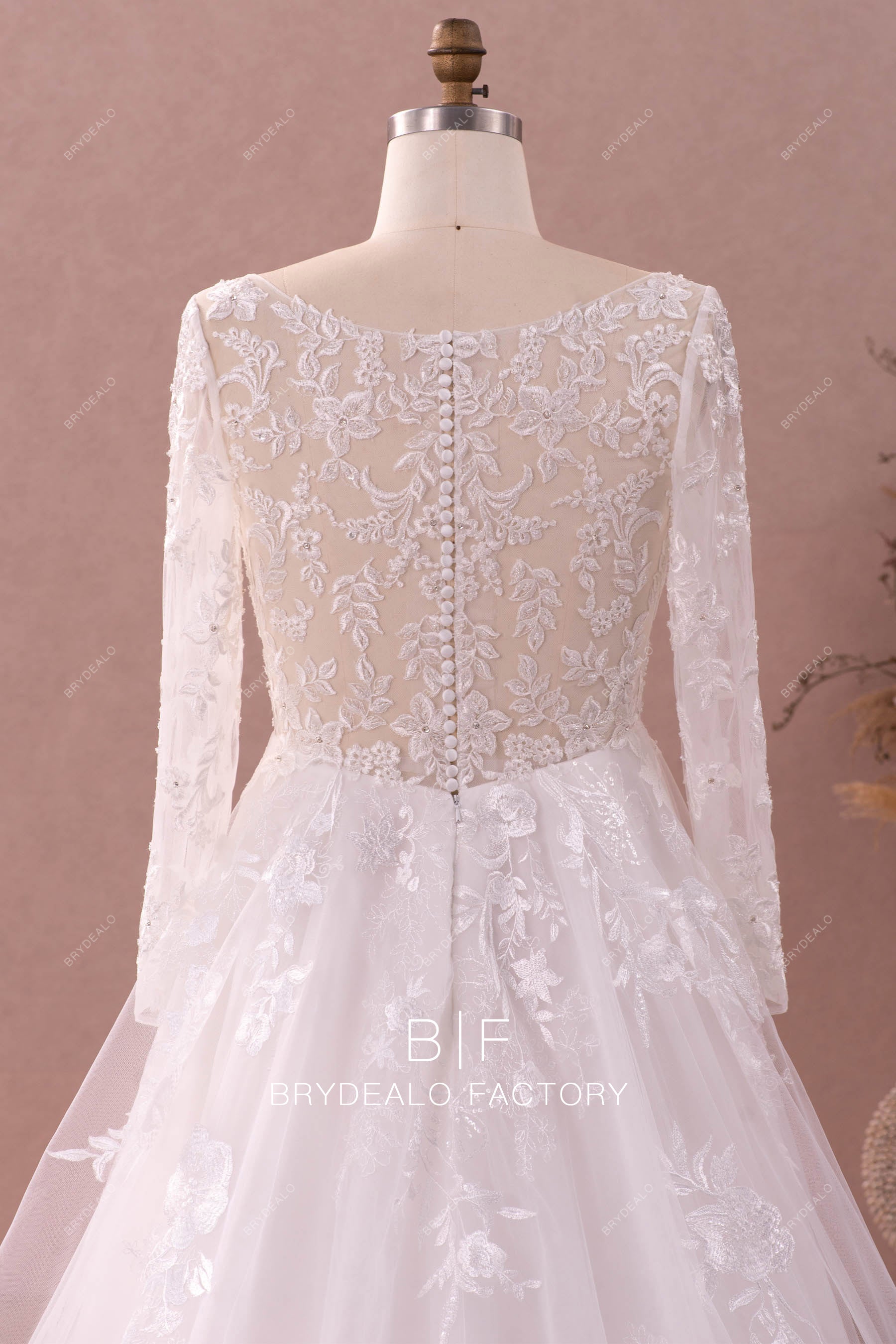 illusion buttoned back lace wedding dress