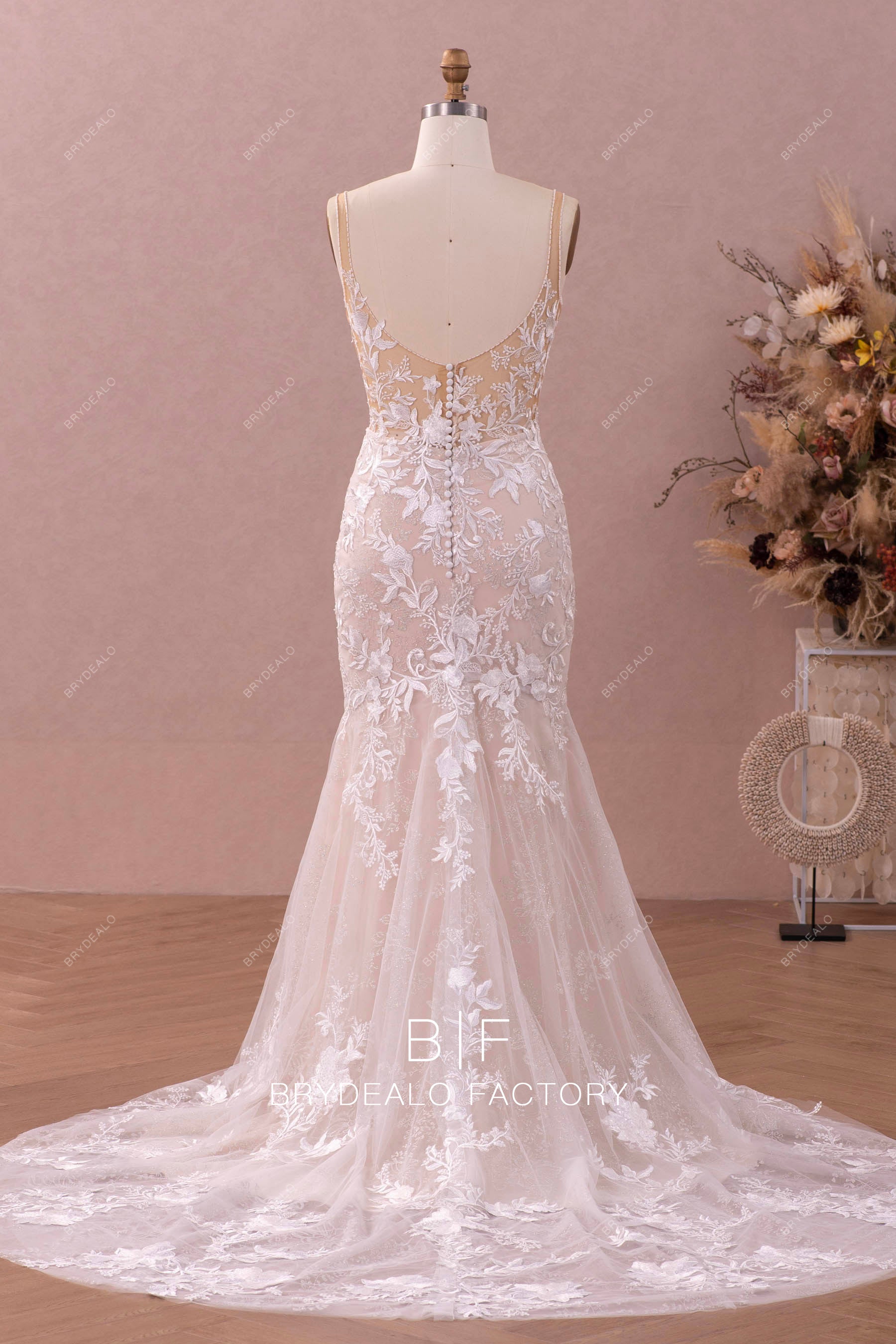 illusion buttoned back mermaid lace wedding dress