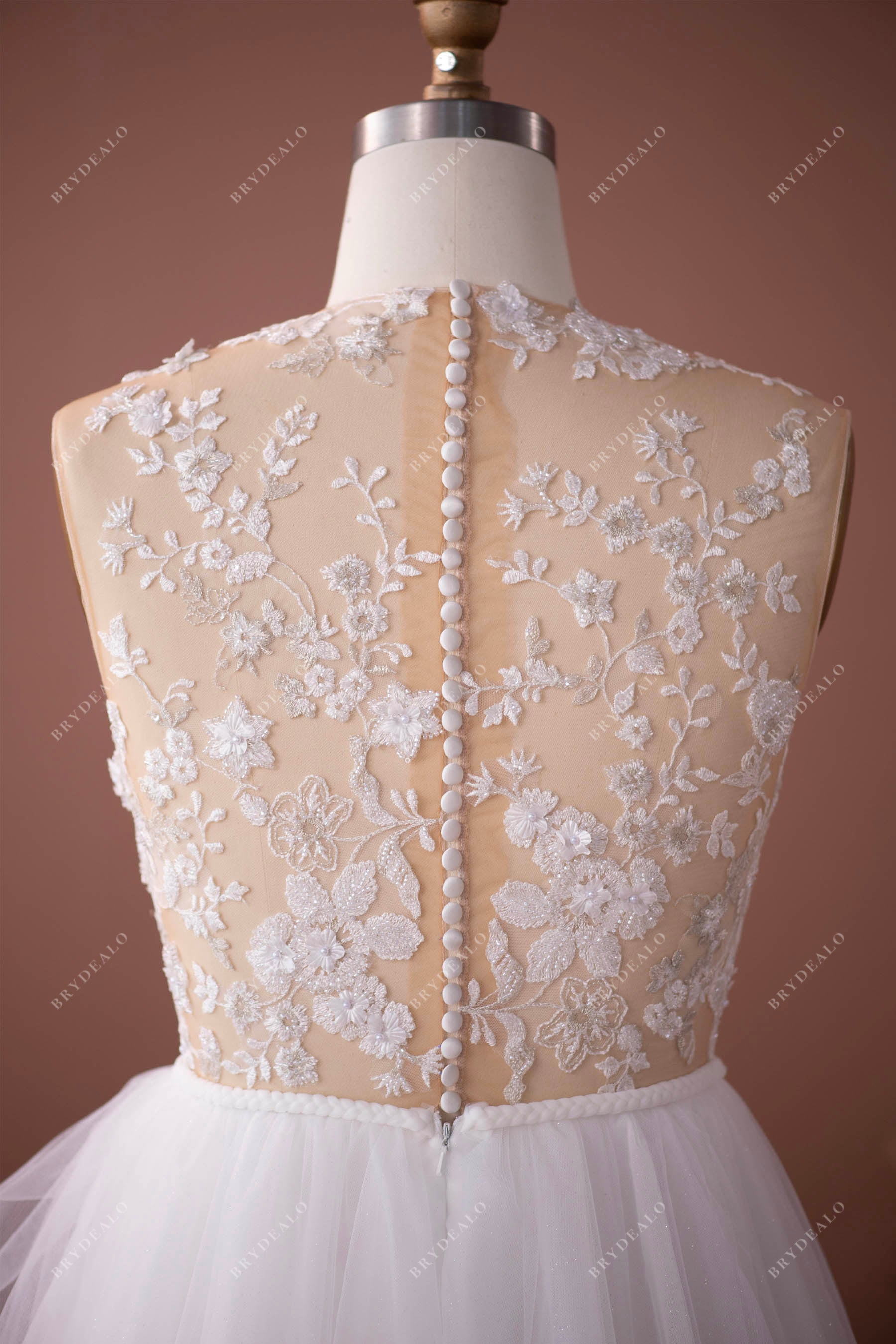 illusion buttoned lace back wedding dress