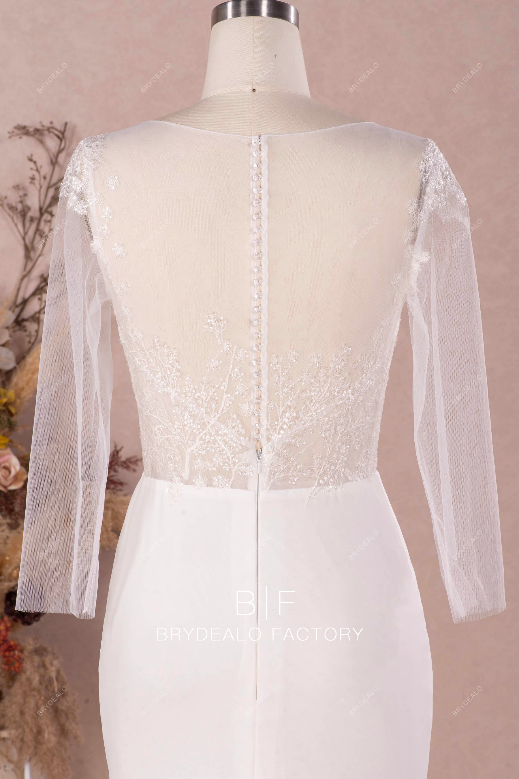 illusion crystal button back mermaid wedding dress