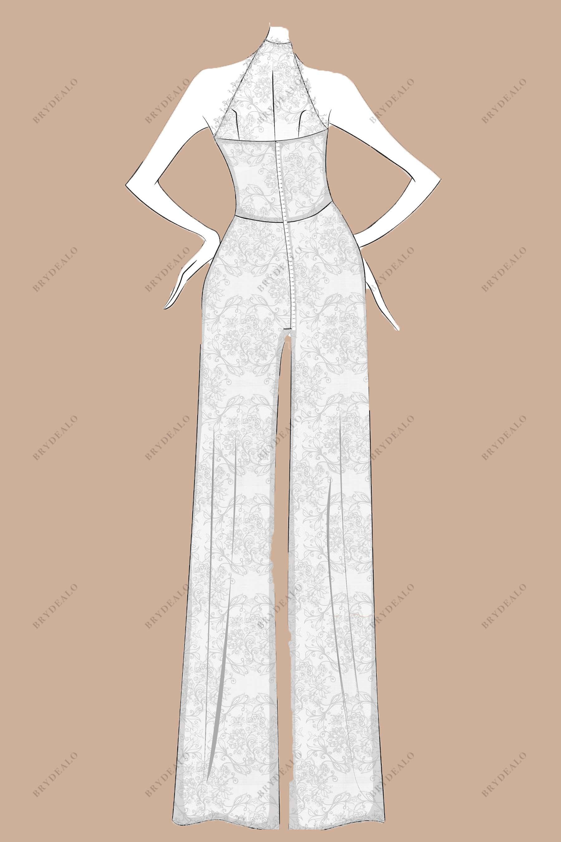 illusion halter back designer lace bridal jumpsuit sketch