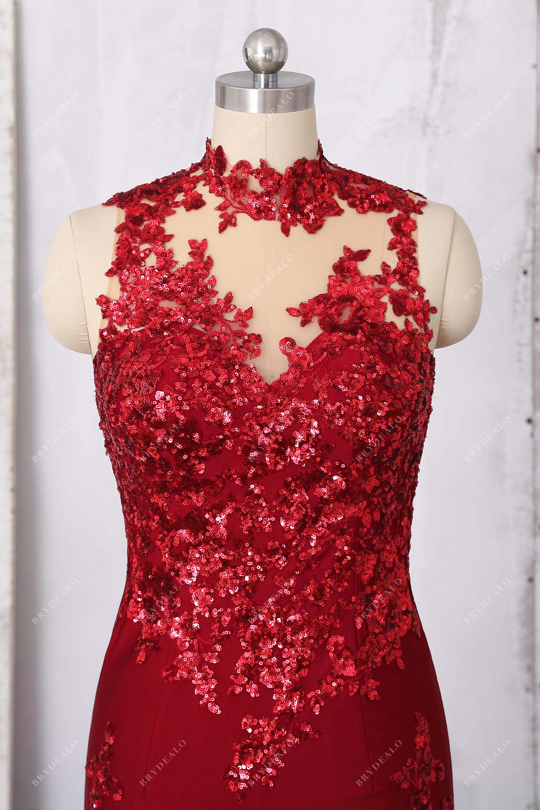 illusion high neck burgundy sequin appliqued prom dress