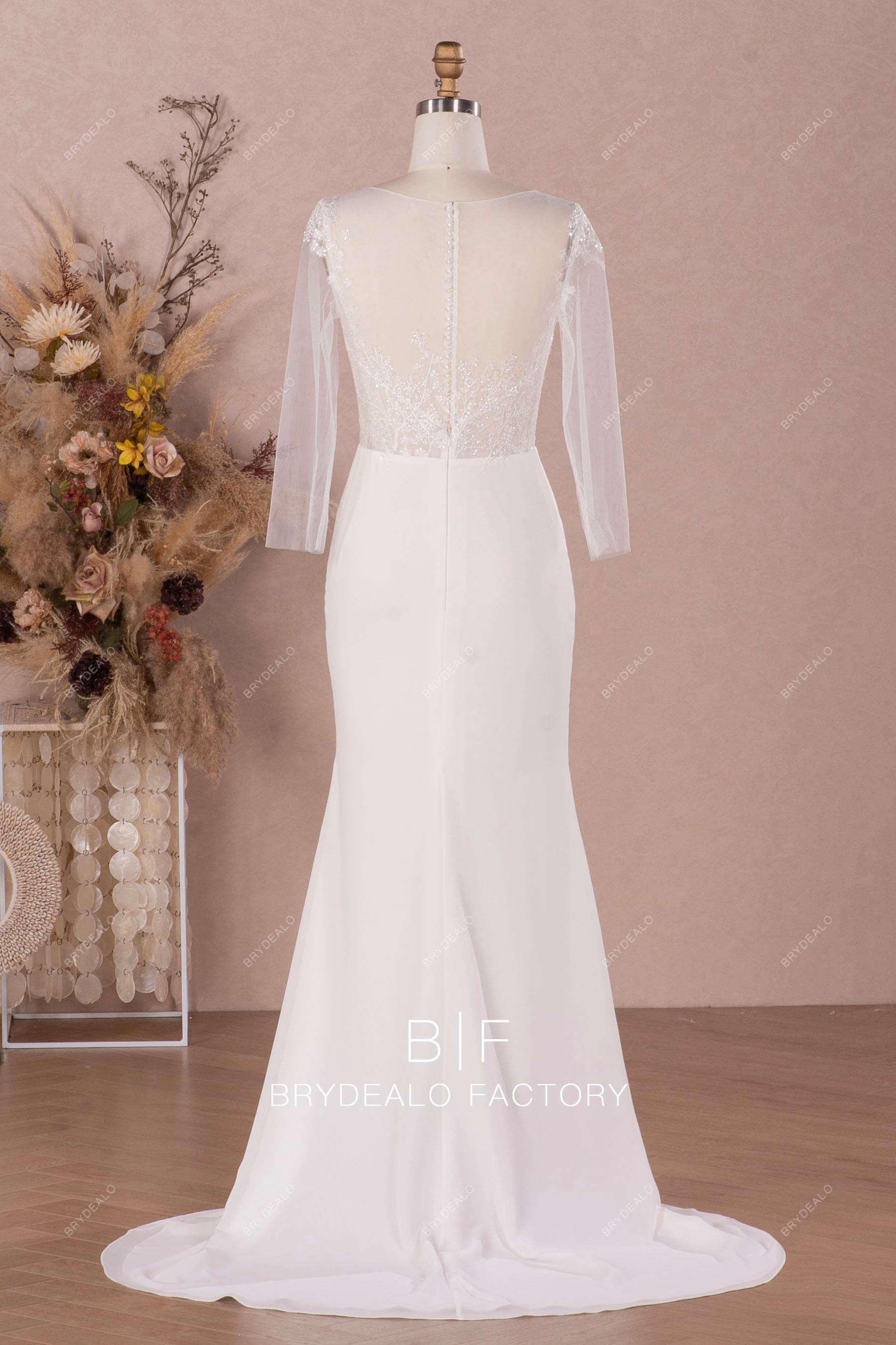 illusion lace back crepe mermaid wedding dress