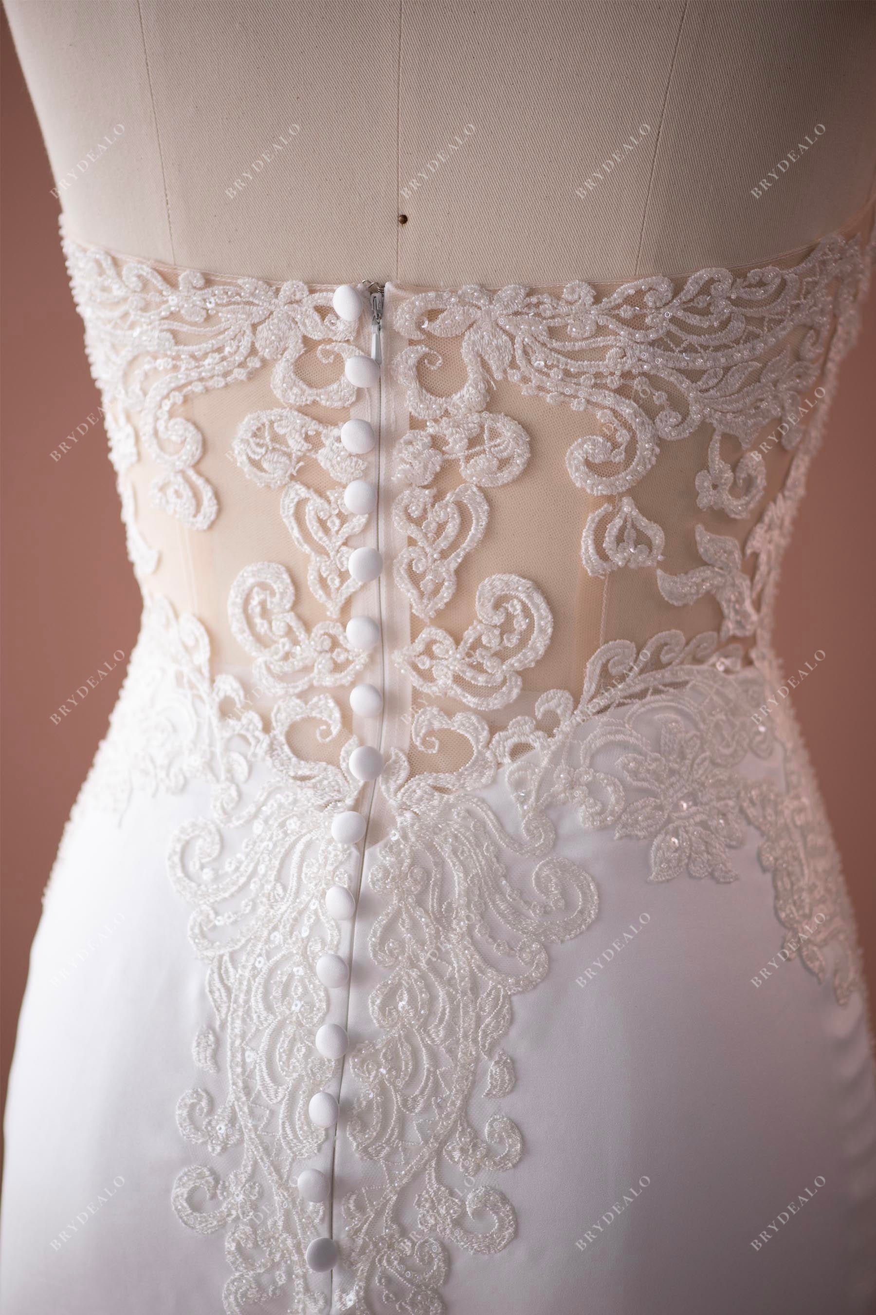 illusion beaded lace appliqued buttoned back wedding dress