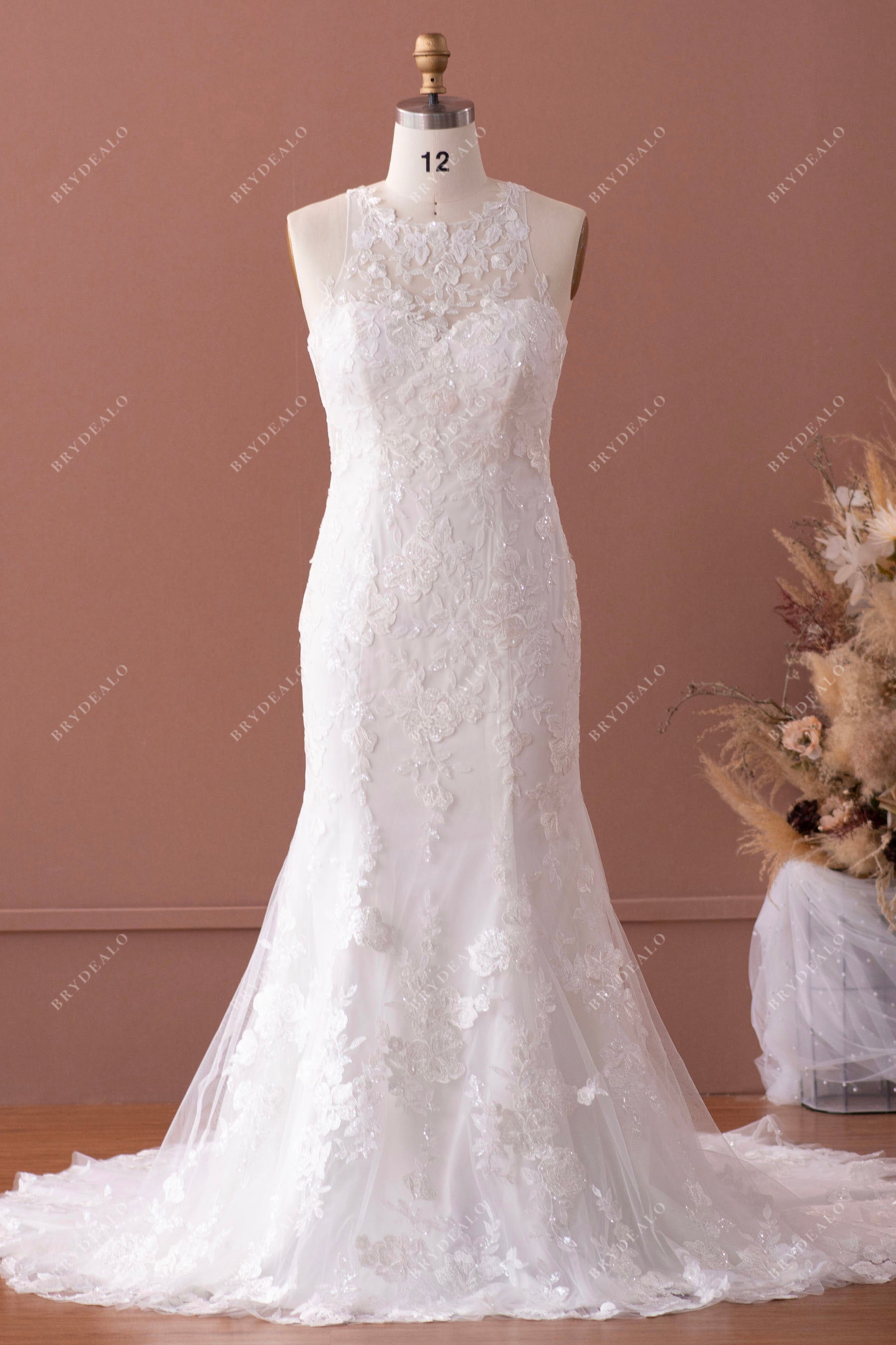 slim fit dress slacks Long-Sleeve Lace Fit-And-Flare Mermaid Wedding Dress with Illusion Back & Chapel Train 6 / Dress + Choker