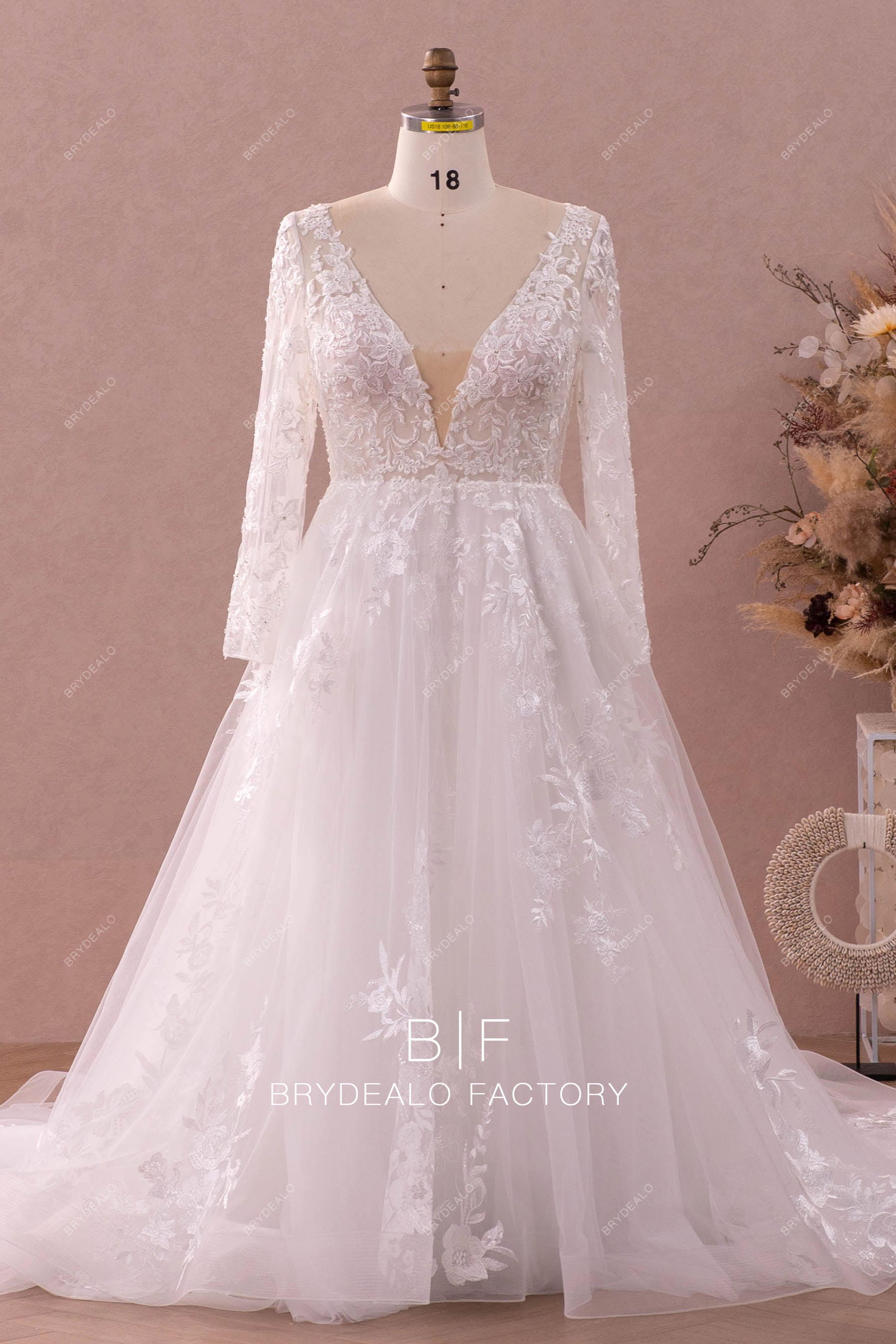 illusion long sleeve lace tulle wedding dress