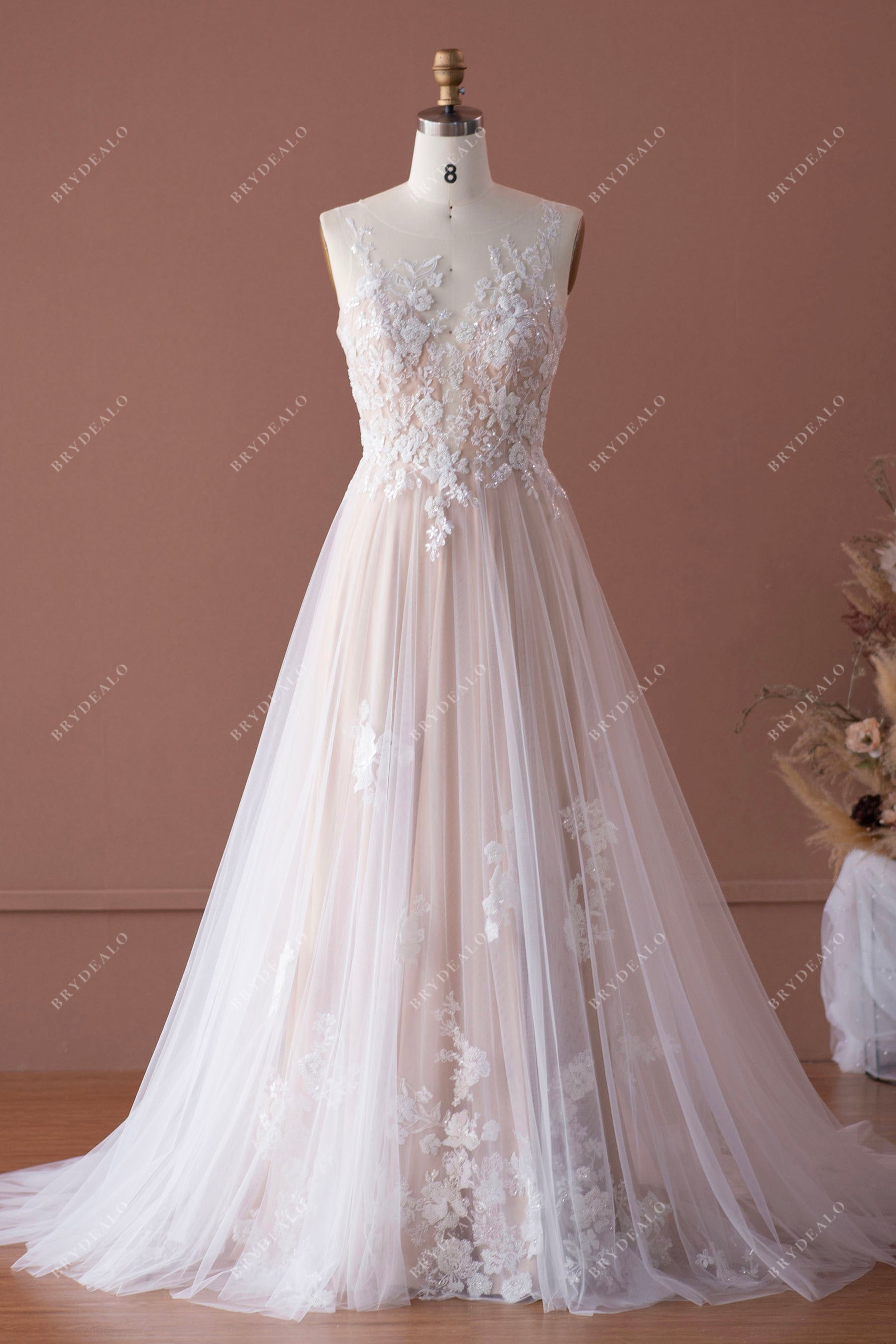 Romantic Beaded Lace Tulle Beach Wedding Dress Nude Beige Romantic Beaded Lace Tulle Beach Wedding Dress Nude Beige