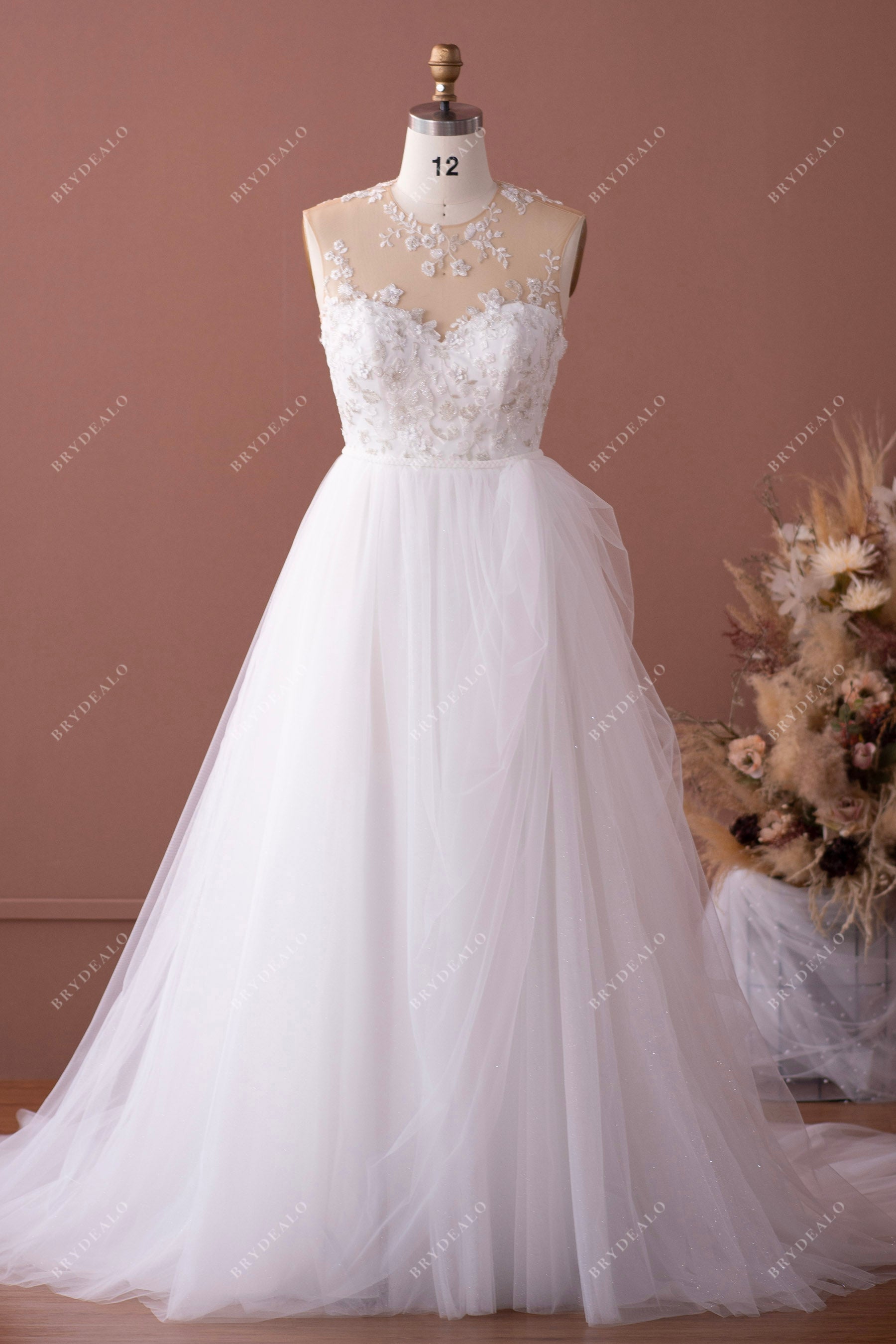 Illusion Neck Beaded Flower Lace Shimmery Wedding Dress