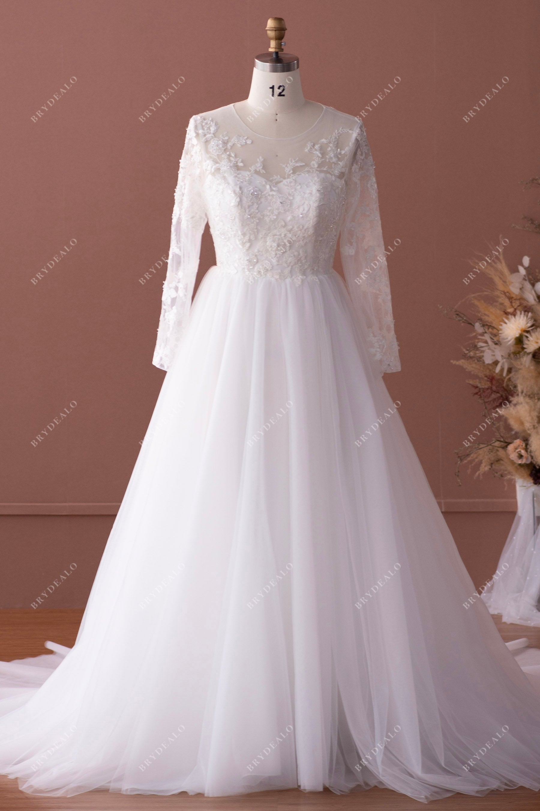illusion neck beaded lace tulle a-line bridal gown