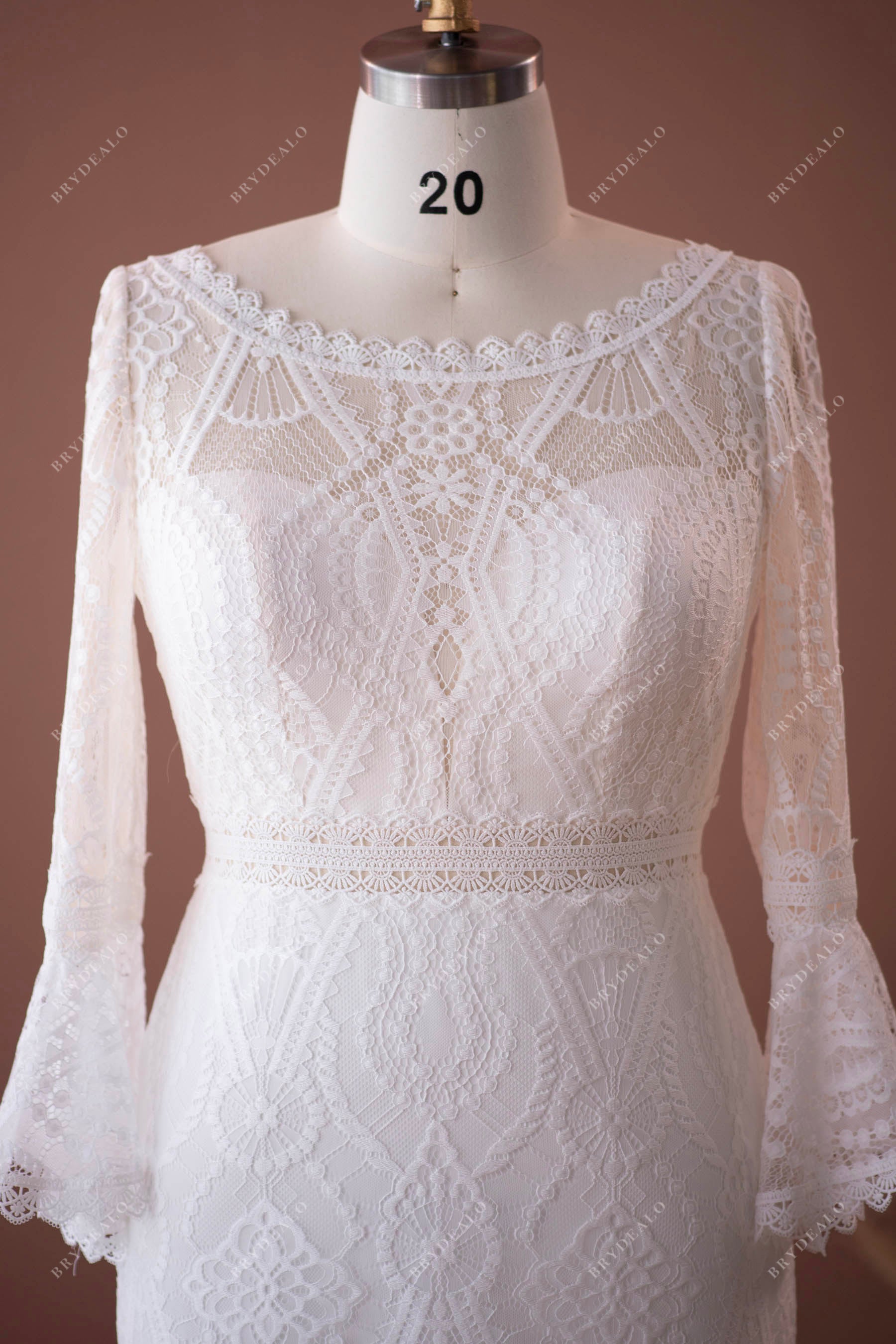 illusion neck bell sleeve wedding gown