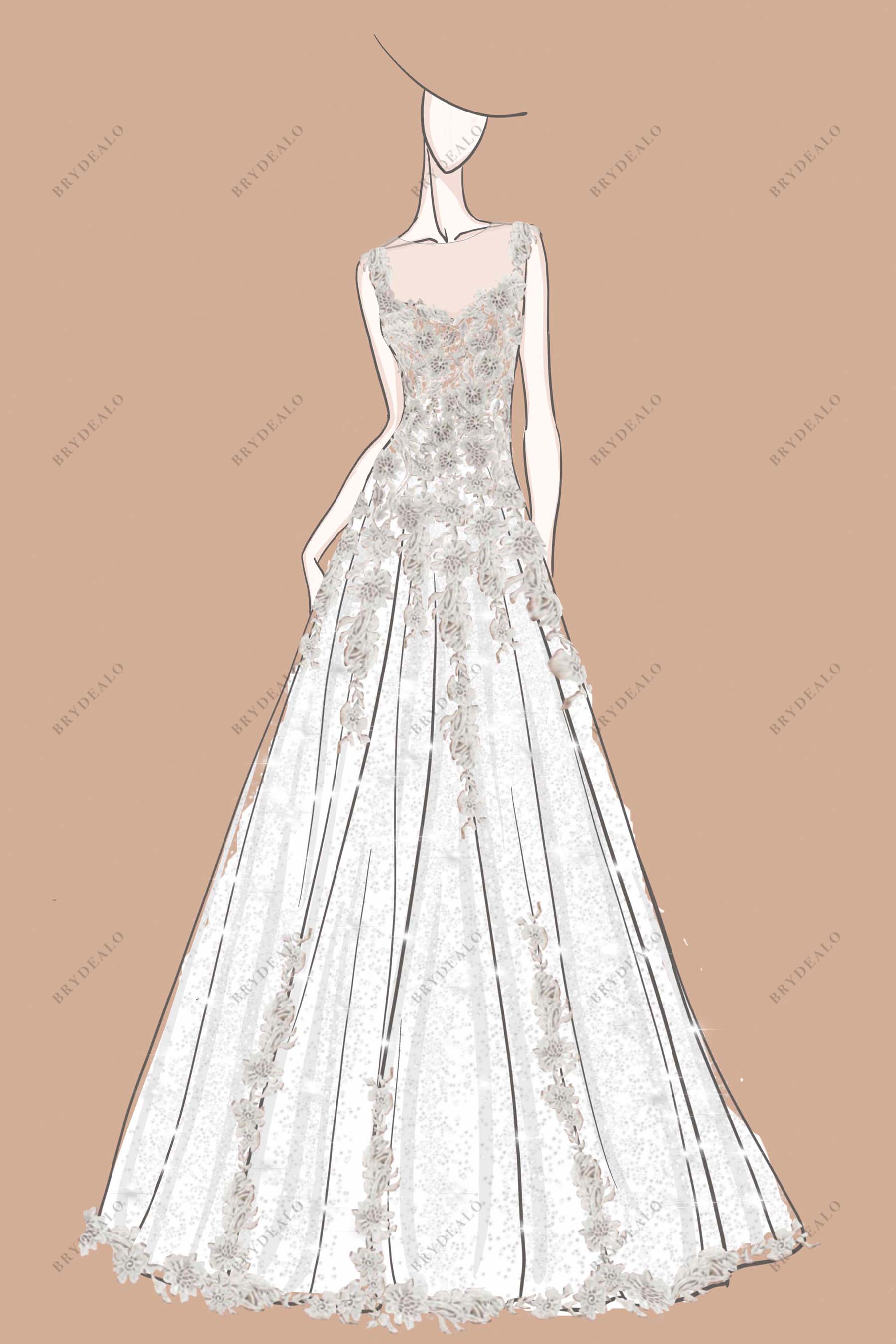 Illusion Neck Designer Lace Sleeveless A-Line Bridal Dress Sketch A Custom Sketch Illusion Neck Designer Lace Sleeveless A-Line Bridal Dress Sketch A Custom Sketch