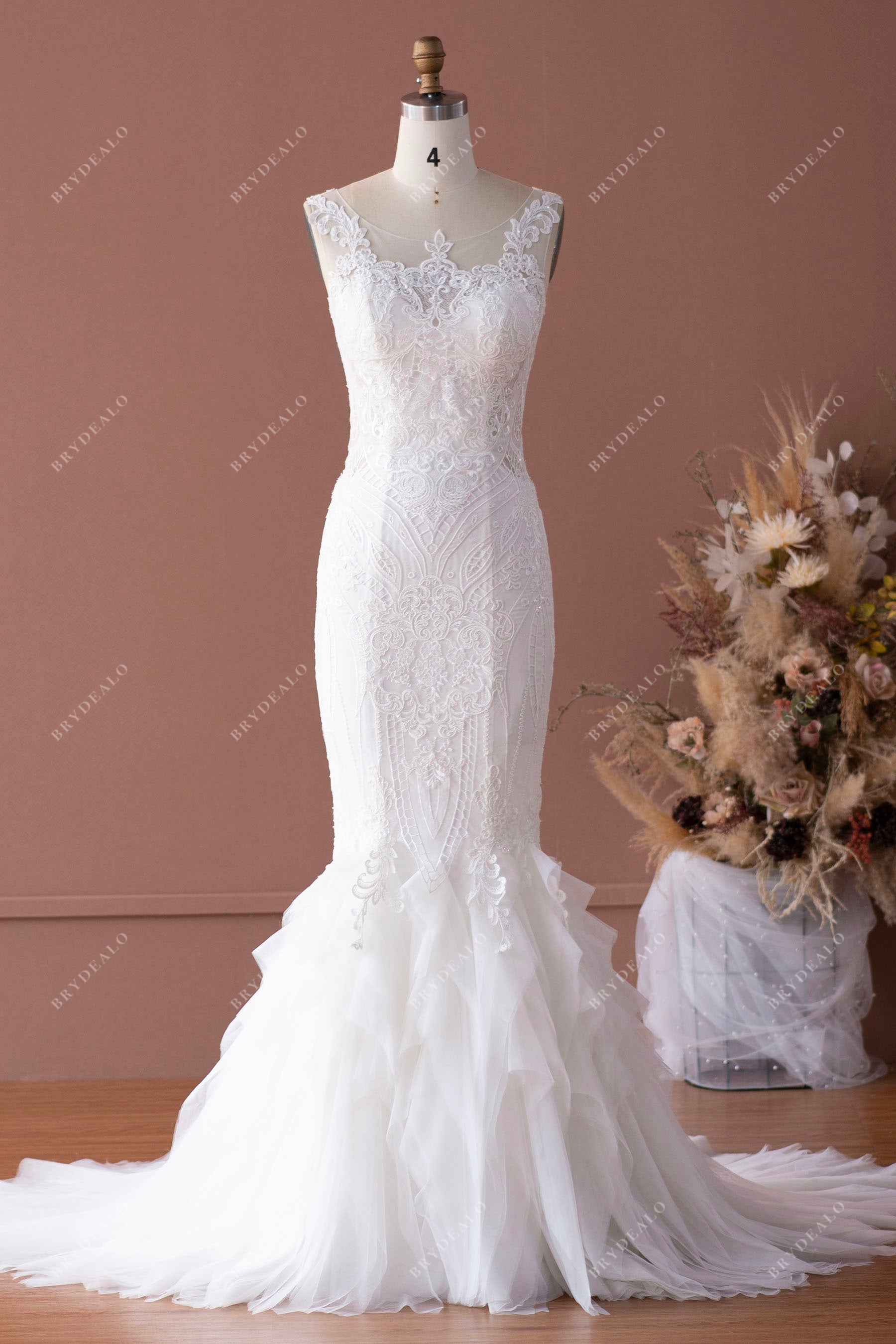 illusion neck lace ruffled tulle bridal dress
