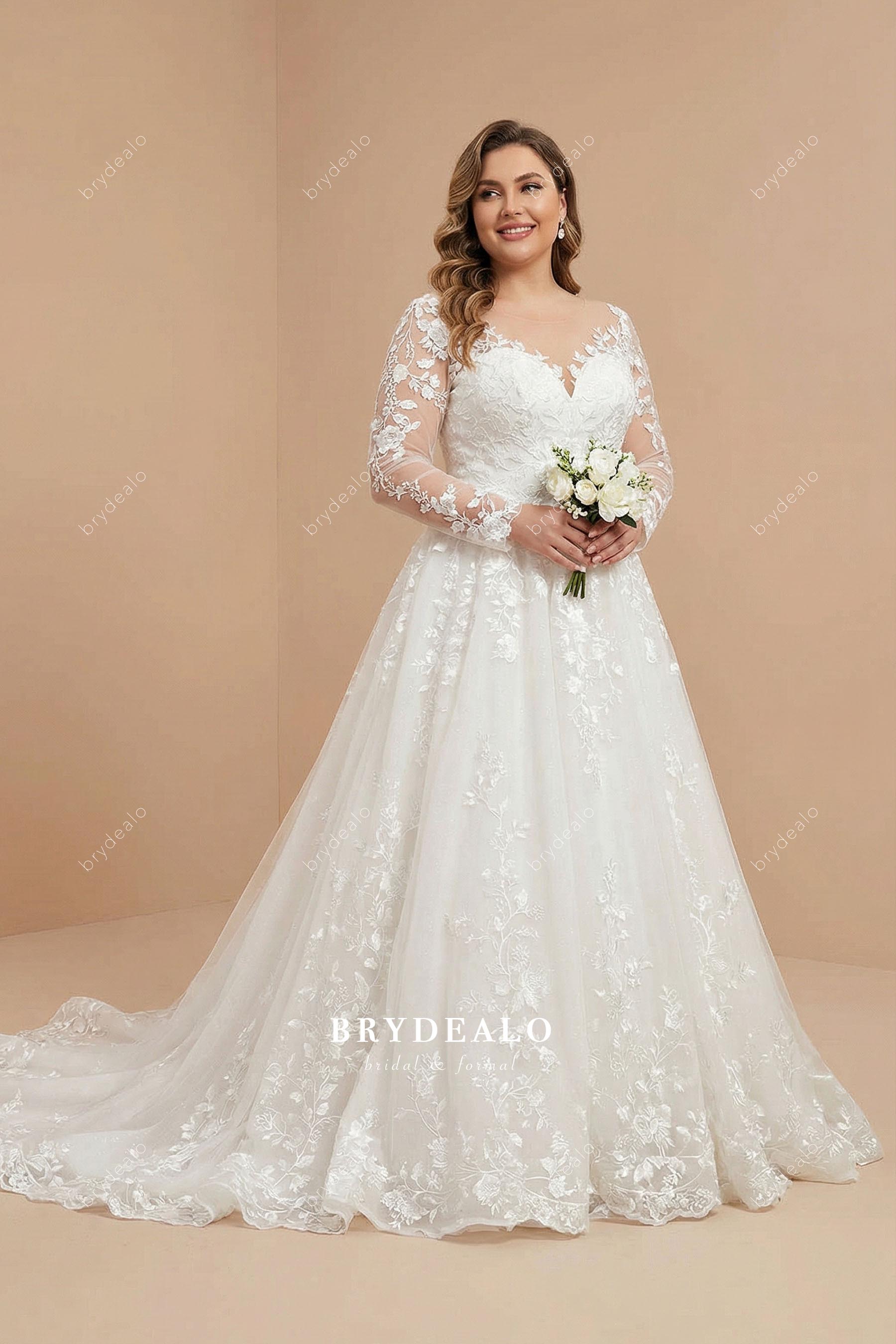 plus size lace and tulle wedding dress Plus Size A-Line V-Neck Long Sleeves Tulle Wedding Dresses With Ruffle/Lace