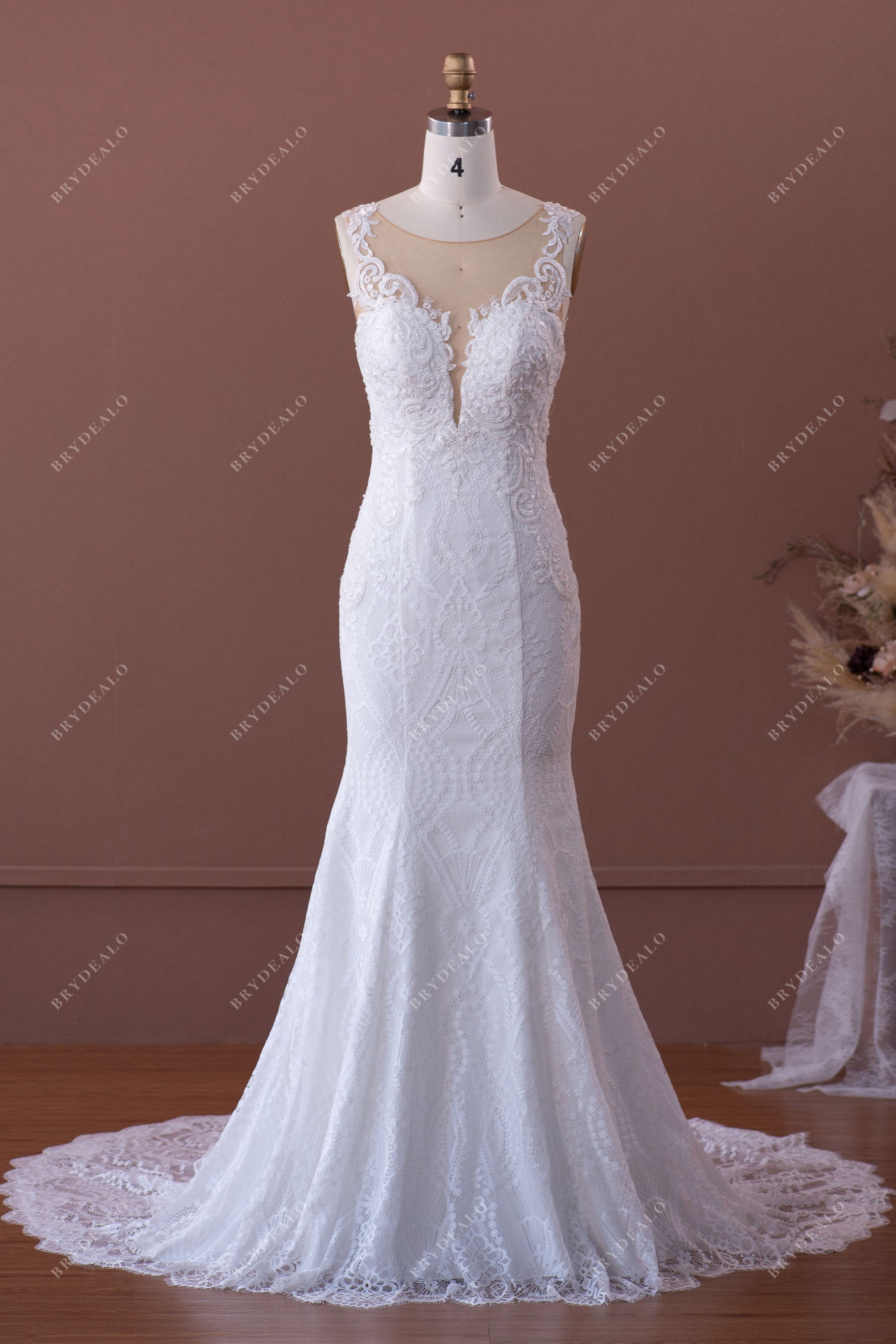 Beaded Lace Illusion Neck Mermaid Wedding Dress Beaded Lace Illusion Neck Mermaid Wedding Dress