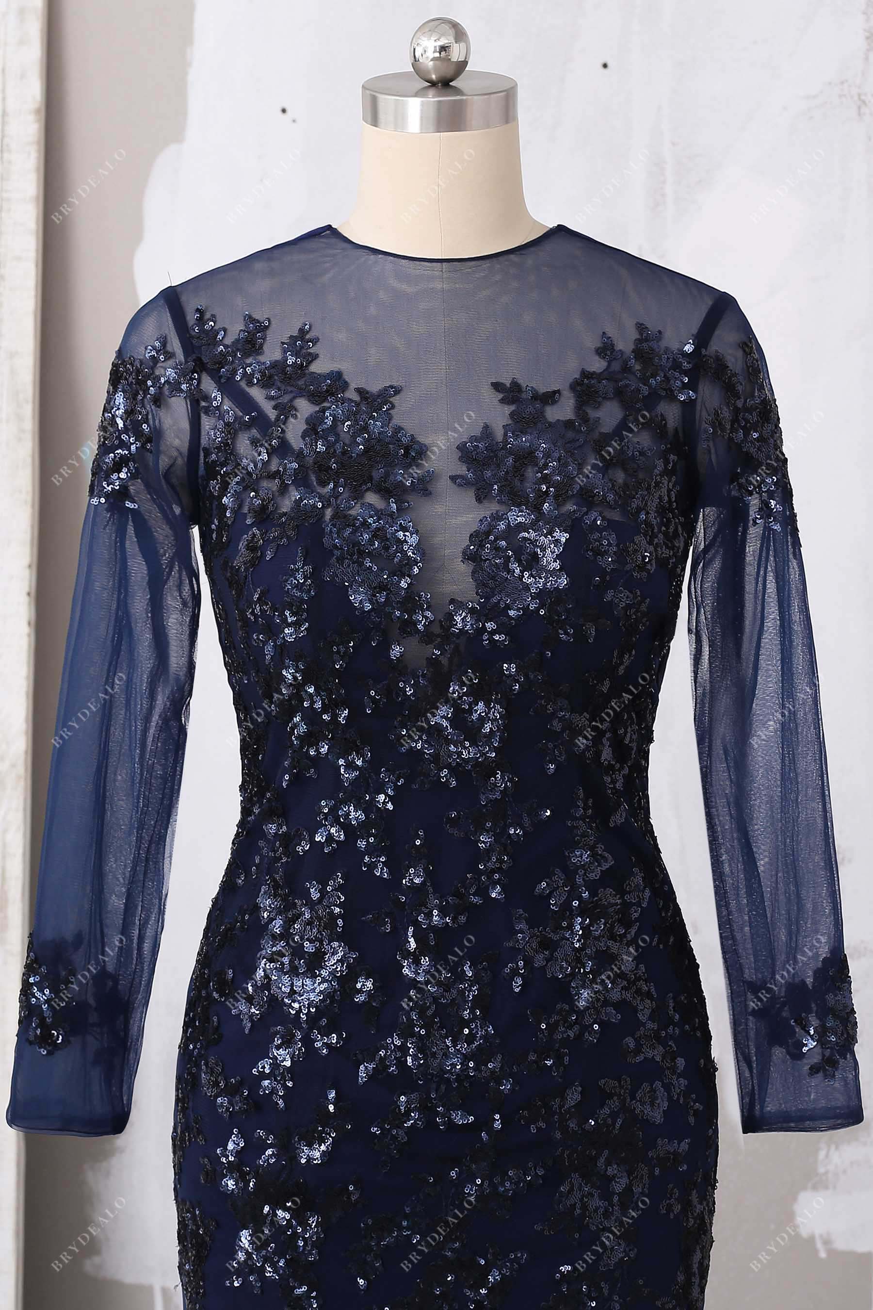 illusion neck navy sequined applique prom dress