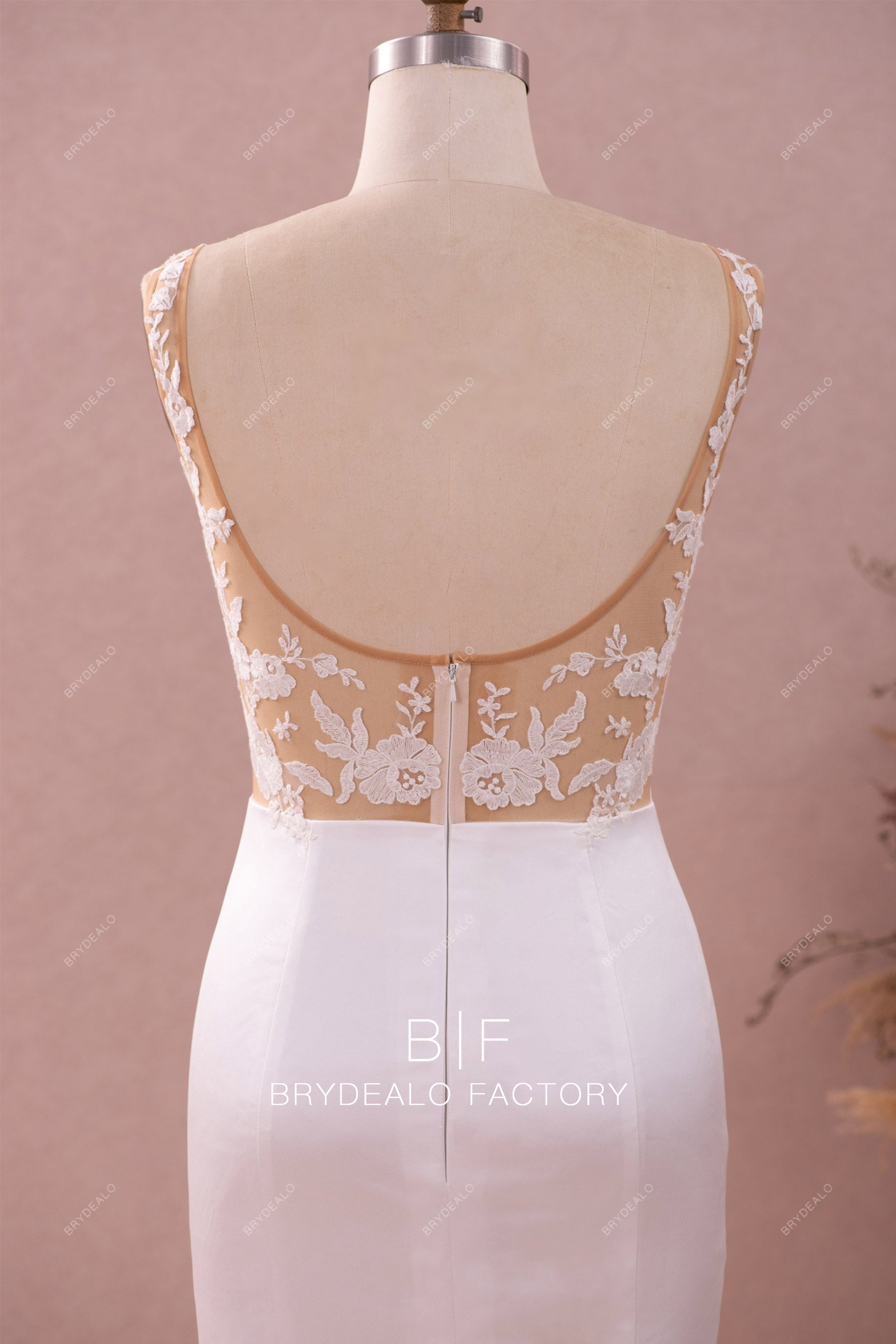 U shaped back sheer lace bridal gown