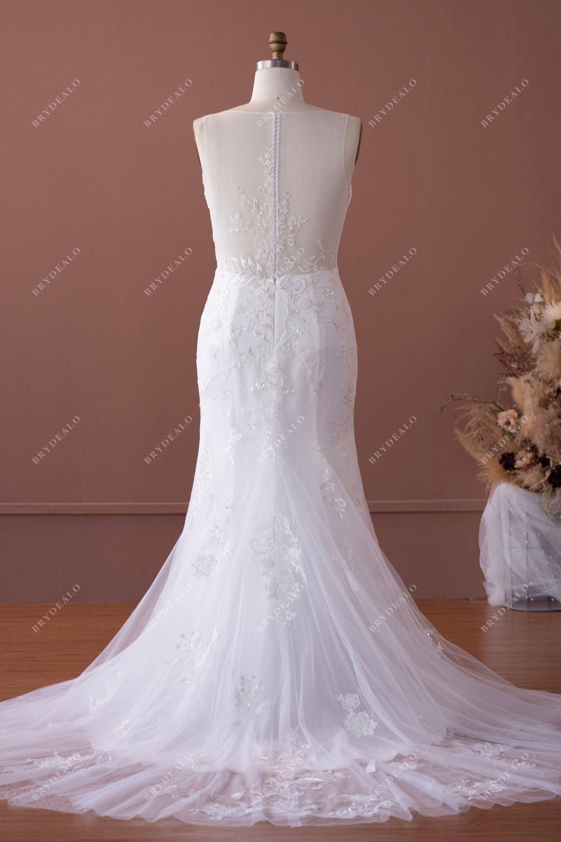 illusion open back lace mermaid wedding dress